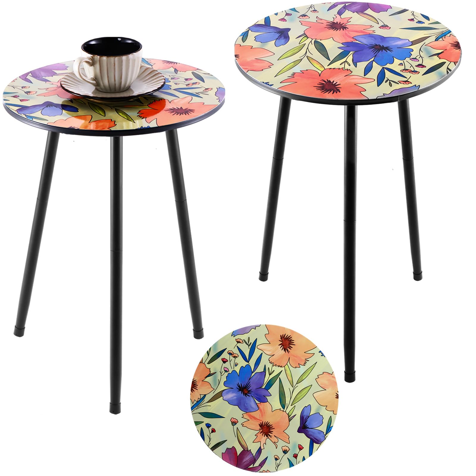 Metal Outdoor Side Tables Set of Two Small Outside Round End Table for Patio Modern Accent Garden Corner Table for Small Spaces, Balcony, Porch, Weather-Resistant, Plant Stand Indoor, Black