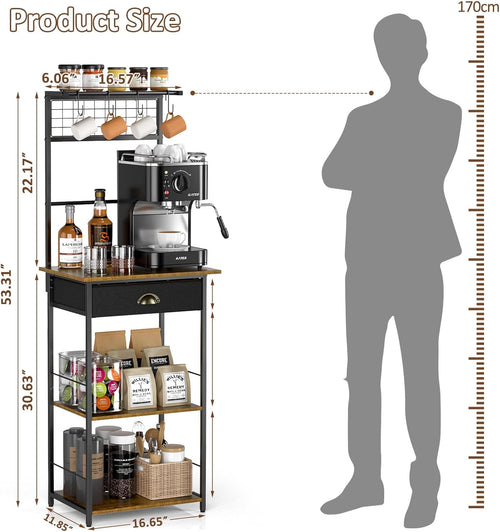 5 Tier Coffee Bar Station with Drawer, Kitchen Stand with 4 S-Shaped Hooks, Farmhouse Corner Coffee Bar Cabinet for Small Spaces, Bakers Rack for Kitchen, Living Room, 13.43" D x 18.93" W x 53.31" H