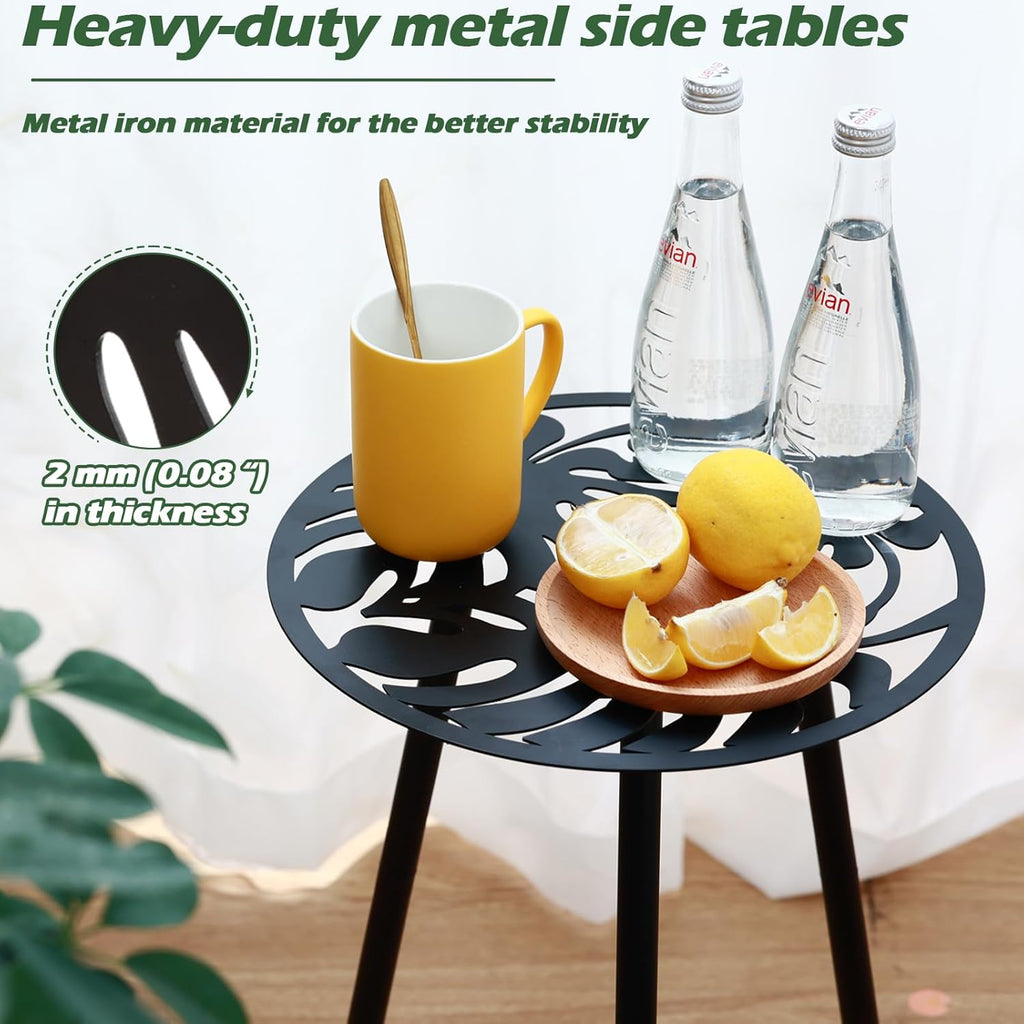 Metal Outdoor Side Tables Set of Two Small Outside Round End Table for Patio Modern Accent Garden Corner Table for Small Spaces, Balcony, Porch, Weather-Resistant, Plant Stand Indoor, Black