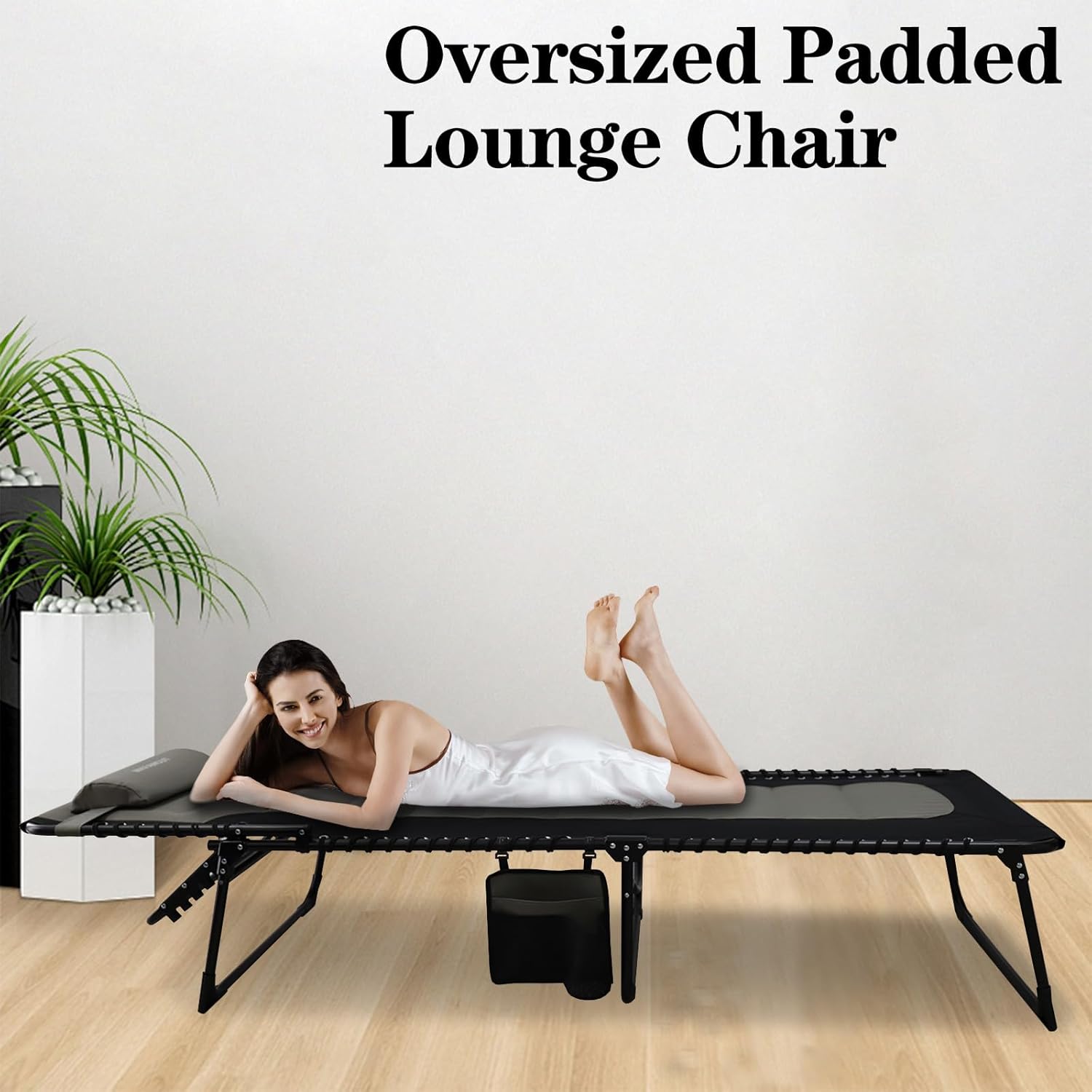 Oversized Padded Outdoor Folding Lounge Chair for Adults 330Ibs Patio Chaise Lounge Chair for Outside 5-Position Adjustable Reclining Beach Chair with Pillow Pocket