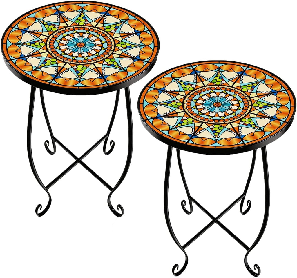 Set of 2 Mosaic Outdoor Side Tables Round, 15 Inch Height - Small Patio Table Set, Foldable Sun Pattern Metal Plant Stands for Garden, Balcony & Yard (Mosaic Sun, 2 Pack)