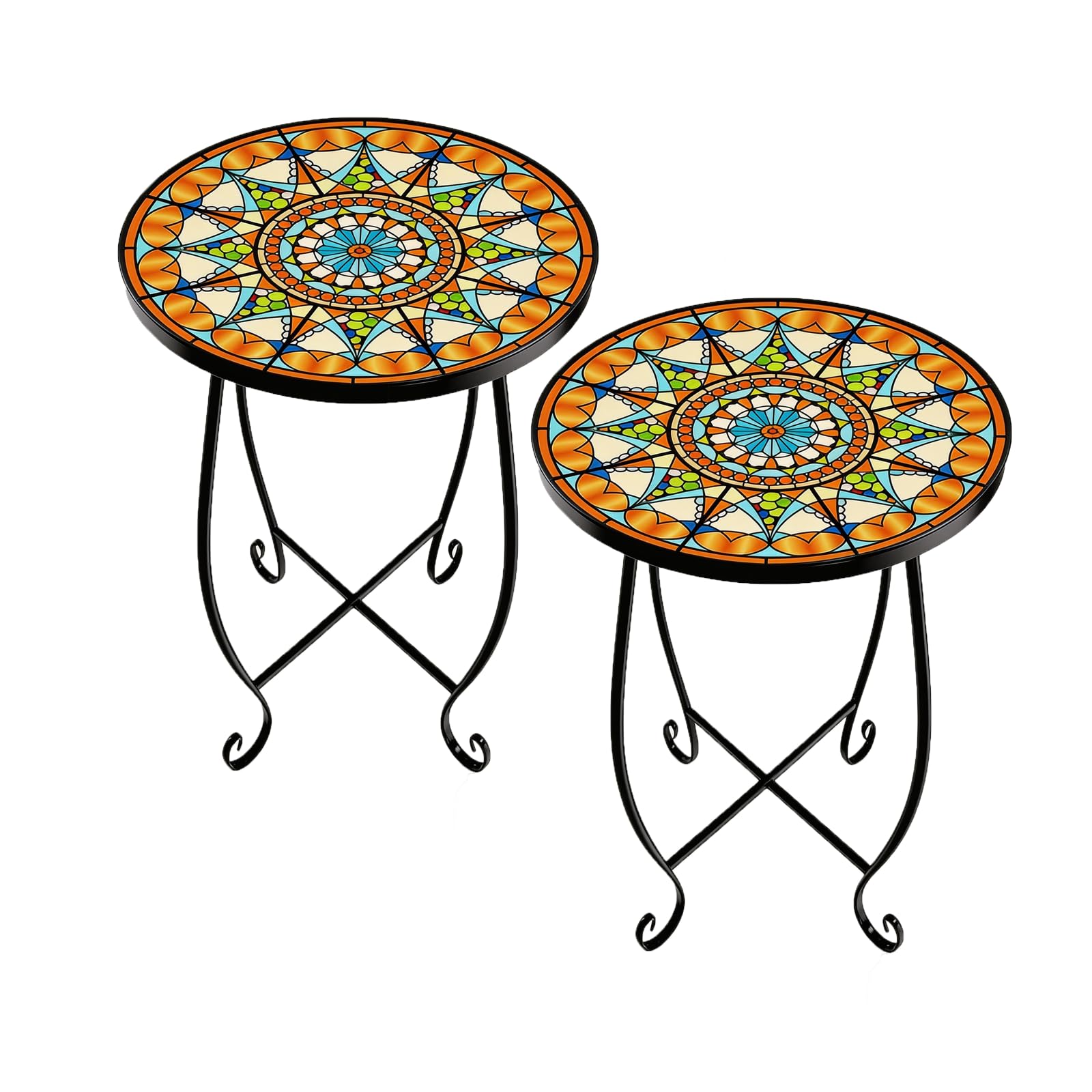 Set of 2 Mosaic Outdoor Side Tables Round, 15 Inch Height - Small Patio Table Set, Foldable Sun Pattern Metal Plant Stands for Garden, Balcony & Yard (Mosaic Sun, 2 Pack)