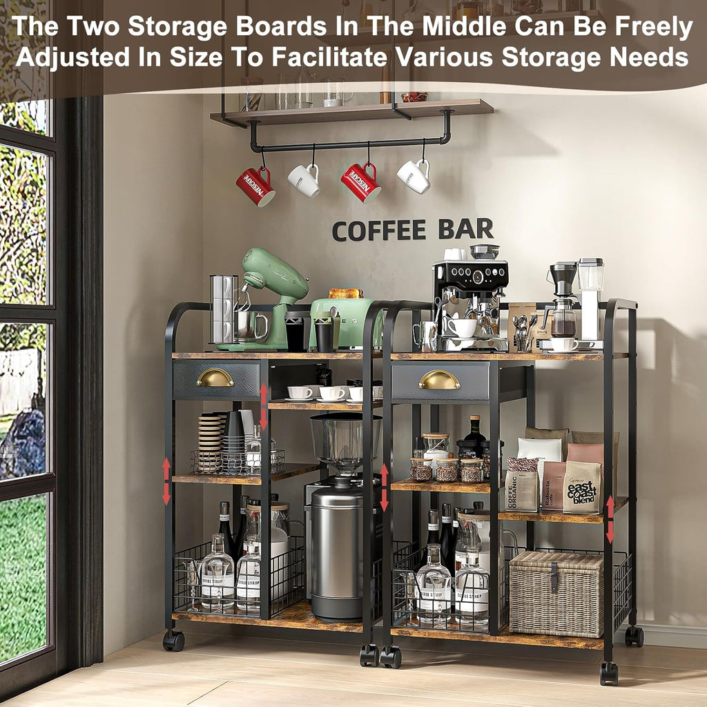 keomaisyto Coffee Cart with Storage Drawer, Coffee Bar Cabinet with Wheels, 4-Tier Adjustable Mobile Coffee Table, Rustic Wood Coffee Bar Station for Kitchen/Entrance/Living Room/Dining Room