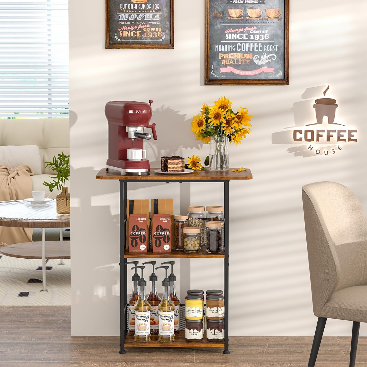 Mini Floor Standing Coffee Bar Shelf,3-Tier Small Coffee Table,Corner Farmhouse Coffee Bar Cabinet;Dining Room, Living Room-Capsules,Coffee Maker(Brown+Black)
