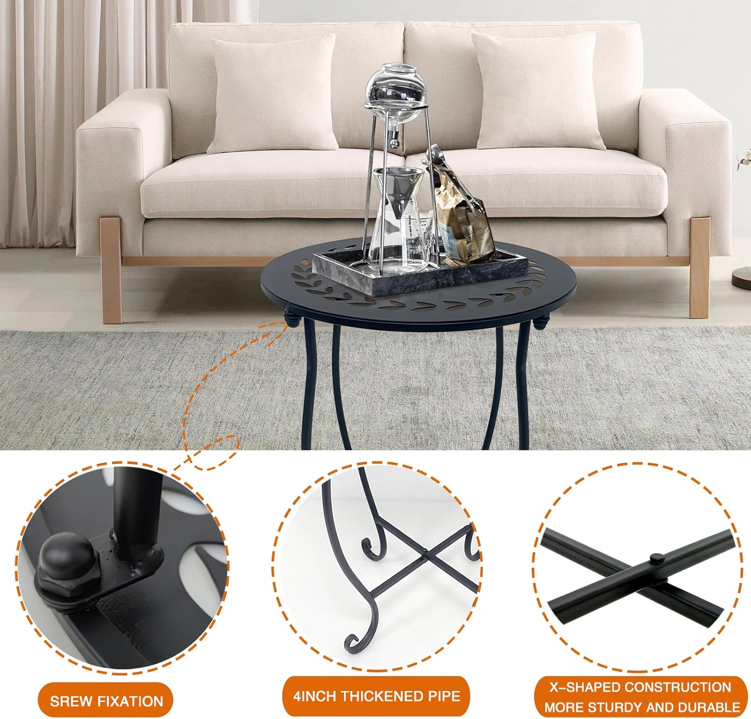 Round Side Table Set of 2, Metal Patio Side Tables End Tables, Weather Resistant Round Coffee Table Bedside Table Nightstand for Home Garden Office, 14 Inch Outdoor Side Table for Patio Balcony Yard