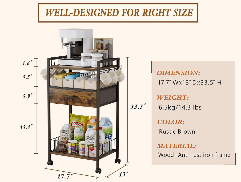 Small Coffee Bar Cart with Drawer Srorage, Office Coffee Bar Station Organizer Mug Cup Holder Stand, K Cup Holder Rack for Home Buffets & Sideboards for Kichen, Entryway, Living Room (Black)