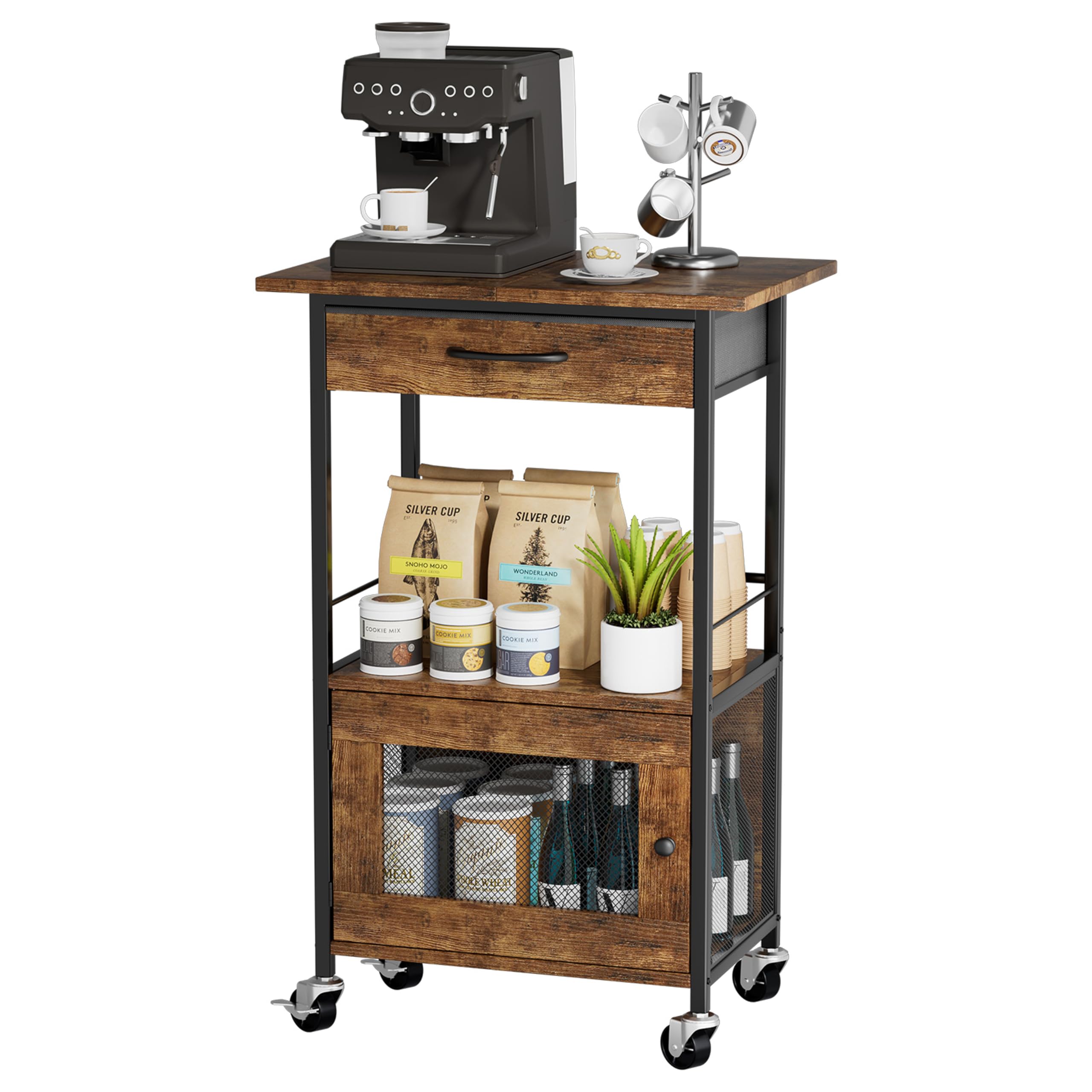 SWTYMIKI Buffets Coffee Bar Cabinet - Rolling Kitchen Rack, Farmhouse Small Coffee Stand with Storage Drawer and Door Cabinet - Kitchen Microwave Stand for Apartment, Living Room, Entryway, Espresso