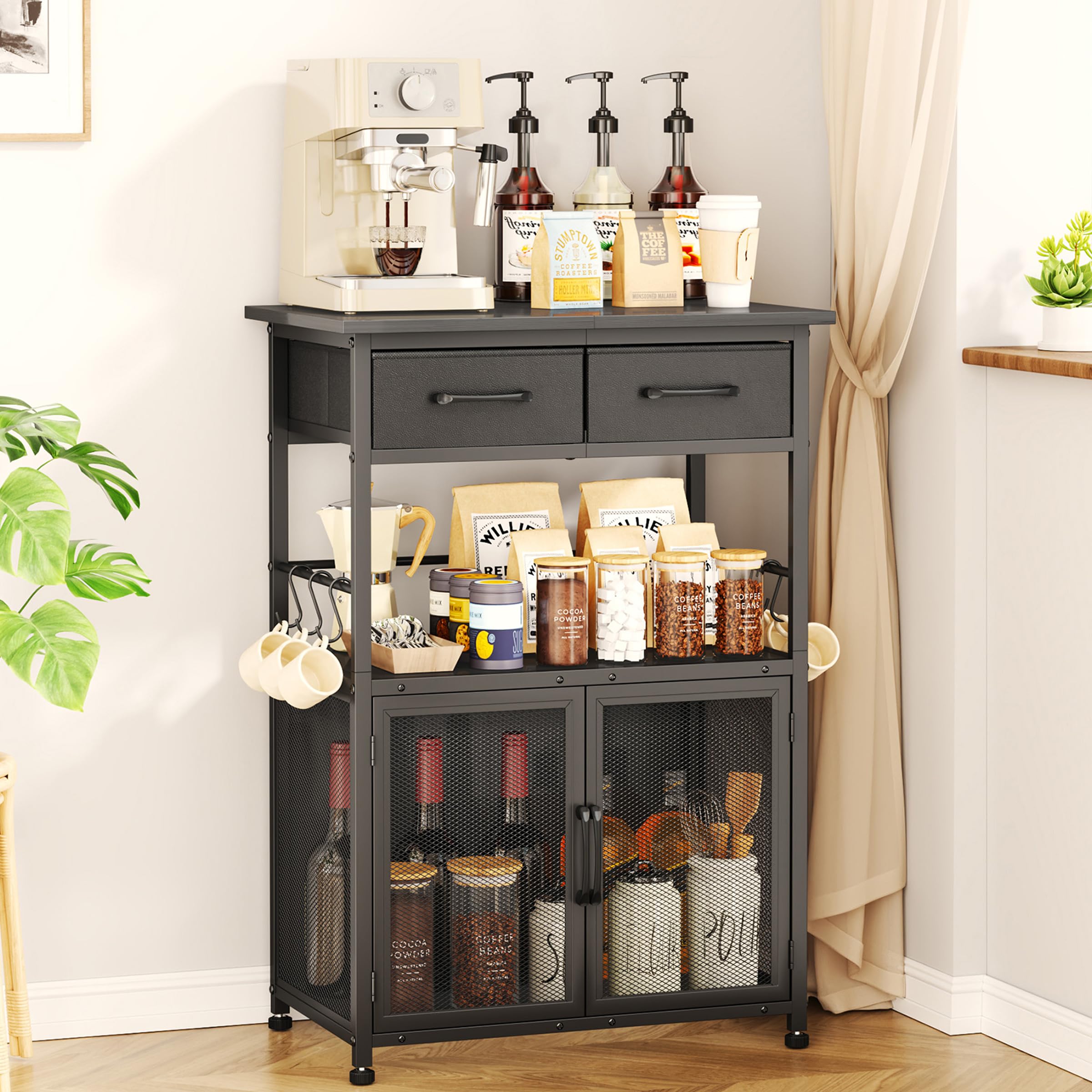 SWTYMIKI Coffee Bar Cabinet with Drawer - 20.47" Coffee Stand Station with Removable Hooks, Buffet Cabinet for Coffee Maker or Microwave, Kitchen Bar Table Storage Organizer, Espresso