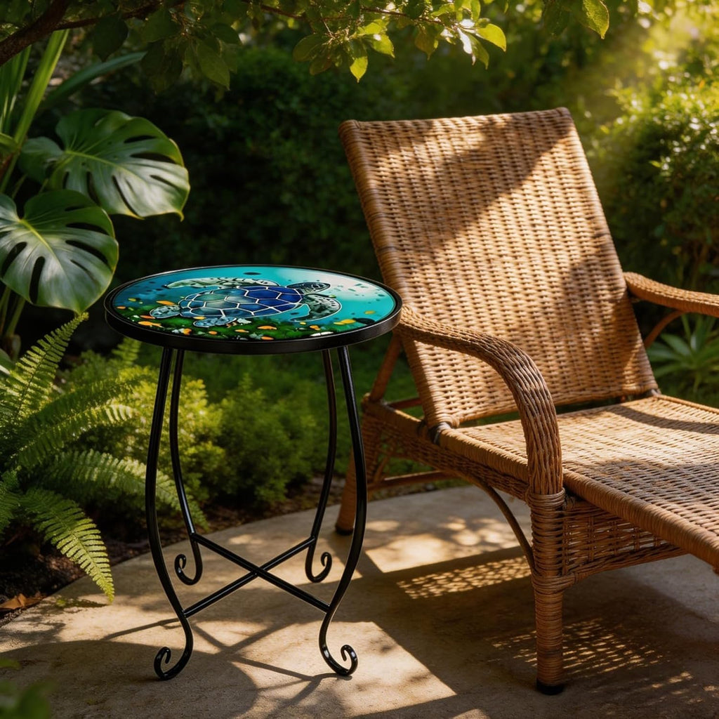2-Pack 15 Inch Tall Mosaic Patio Side Tables Style, Metal Folding Turtle Table Set, Shatterproof Outdoor Patio Table for Porch Deck, Rust Resistant Small Garden Table (Set of 2)