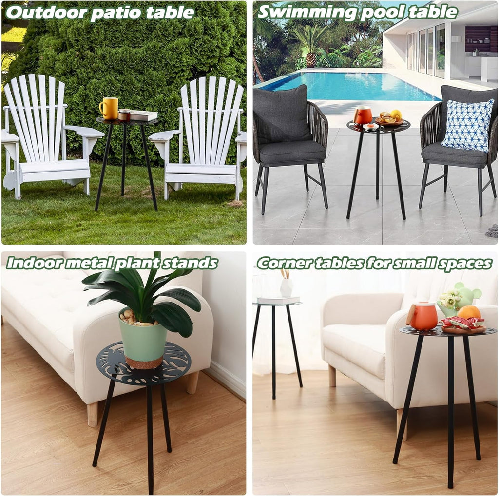 Metal Outdoor Side Tables Set of Two Small Outside Round End Table for Patio Modern Accent Garden Corner Table for Small Spaces, Balcony, Porch, Weather-Resistant, Plant Stand Indoor, Black