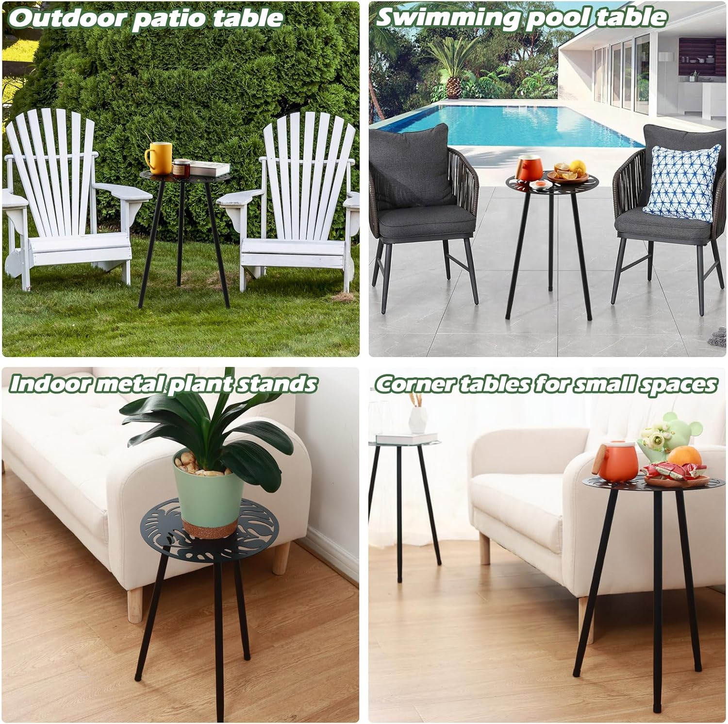 Metal Outdoor Side Tables Set of Two Small Outside Round End Table for Patio Modern Accent Garden Corner Table for Small Spaces, Balcony, Porch, Weather-Resistant, Plant Stand Indoor, Black