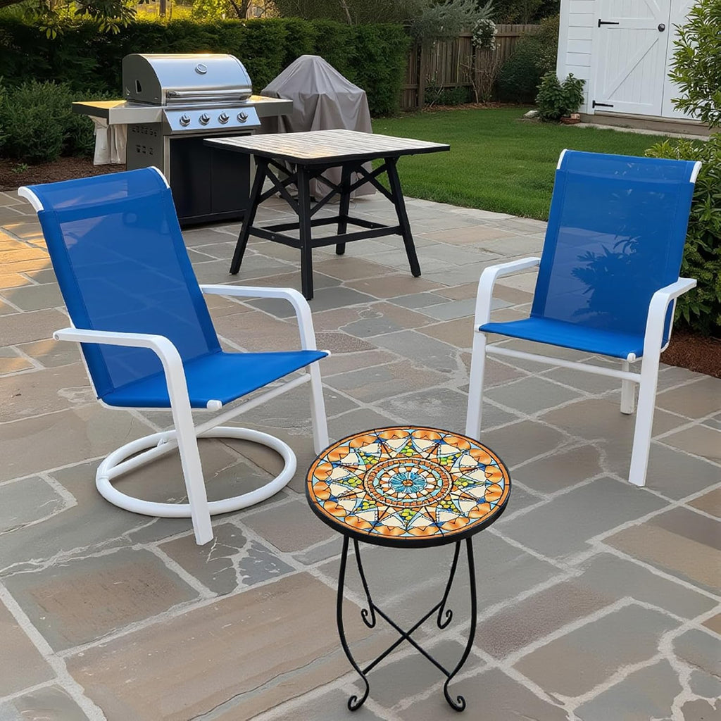 Set of 2 Mosaic Outdoor Side Tables Round, 15 Inch Height - Small Patio Table Set, Foldable Sun Pattern Metal Plant Stands for Garden, Balcony & Yard (Mosaic Sun, 2 Pack)