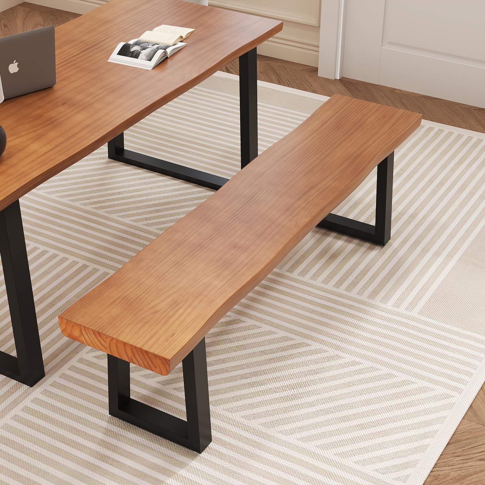 Solid Wood Top Bench with Metal Legs Durable Long Bench for Home Office Living Room Dining Room Versatile Multi Size Options Perfect Chair Stool Dining Bench Dining Chair (Light brown bench, 62.99in)