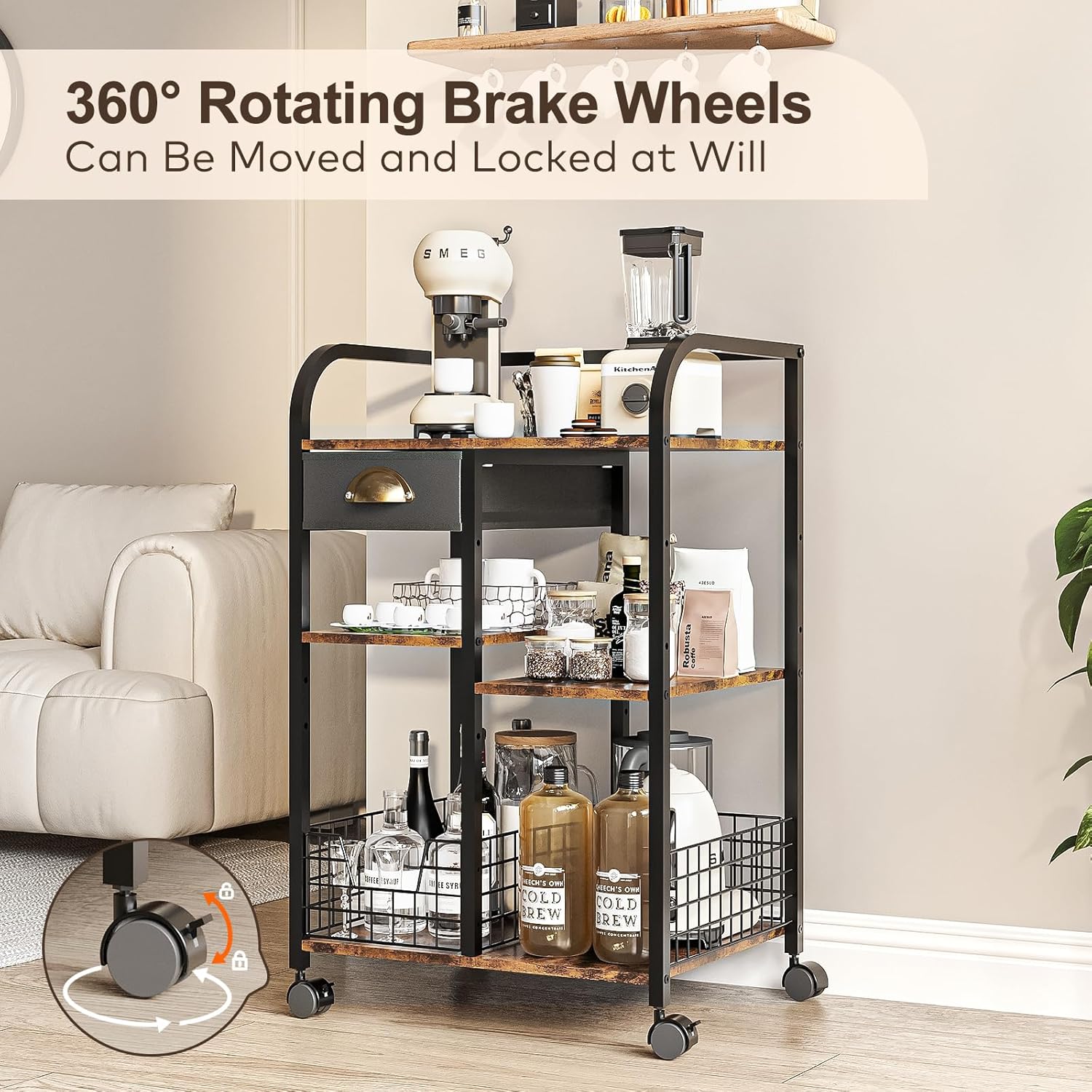 keomaisyto Coffee Cart with Storage Drawer, Coffee Bar Cabinet with Wheels, 4-Tier Adjustable Mobile Coffee Table, Rustic Wood Coffee Bar Station for Kitchen/Entrance/Living Room/Dining Room