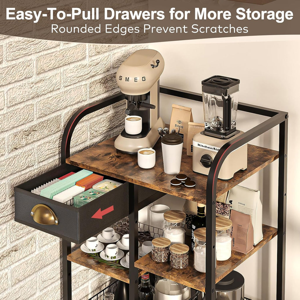 keomaisyto Coffee Cart with Storage Drawer, Coffee Bar Cabinet with Wheels, 4-Tier Adjustable Mobile Coffee Table, Rustic Wood Coffee Bar Station for Kitchen/Entrance/Living Room/Dining Room