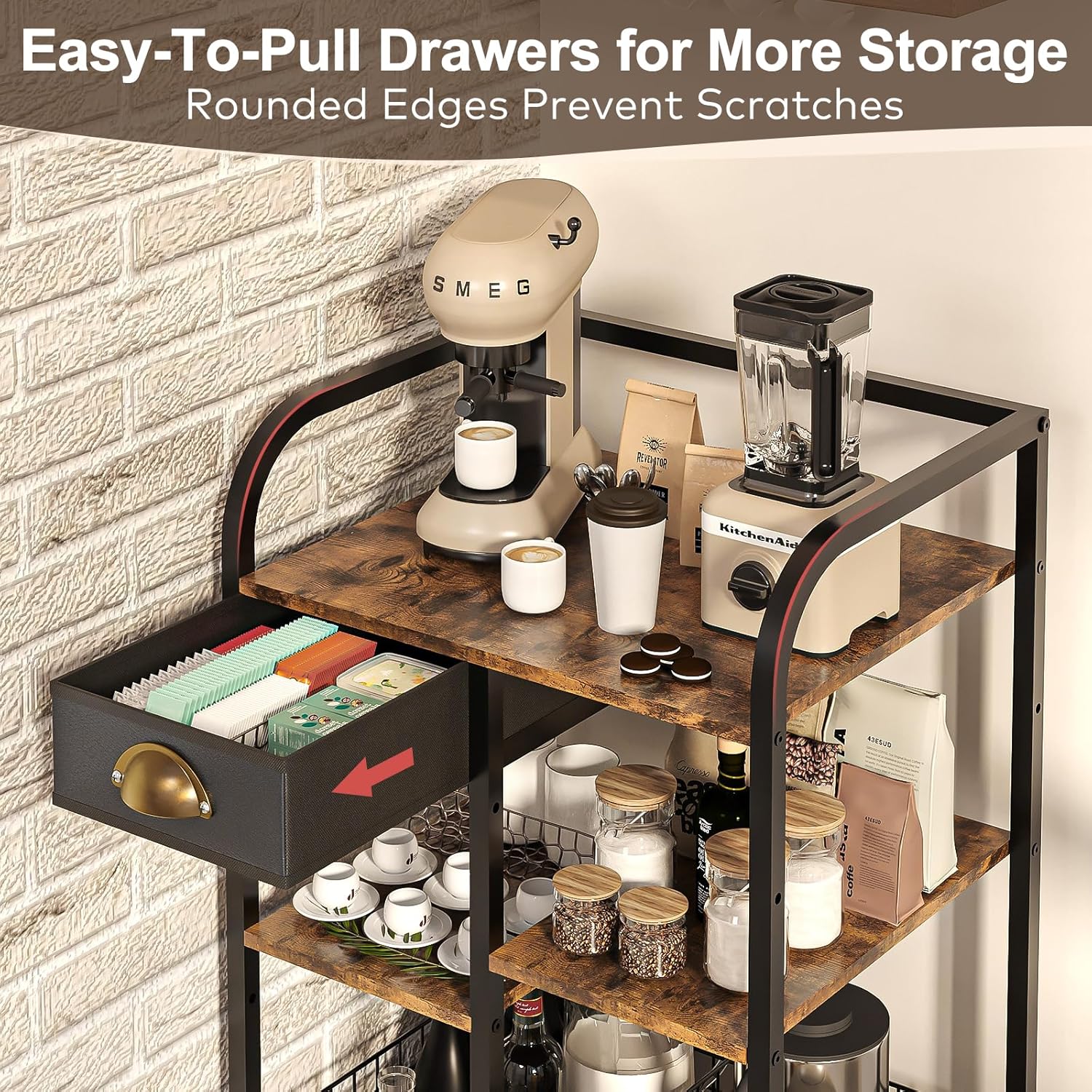 keomaisyto Coffee Cart with Storage Drawer, Coffee Bar Cabinet with Wheels, 4-Tier Adjustable Mobile Coffee Table, Rustic Wood Coffee Bar Station for Kitchen/Entrance/Living Room/Dining Room