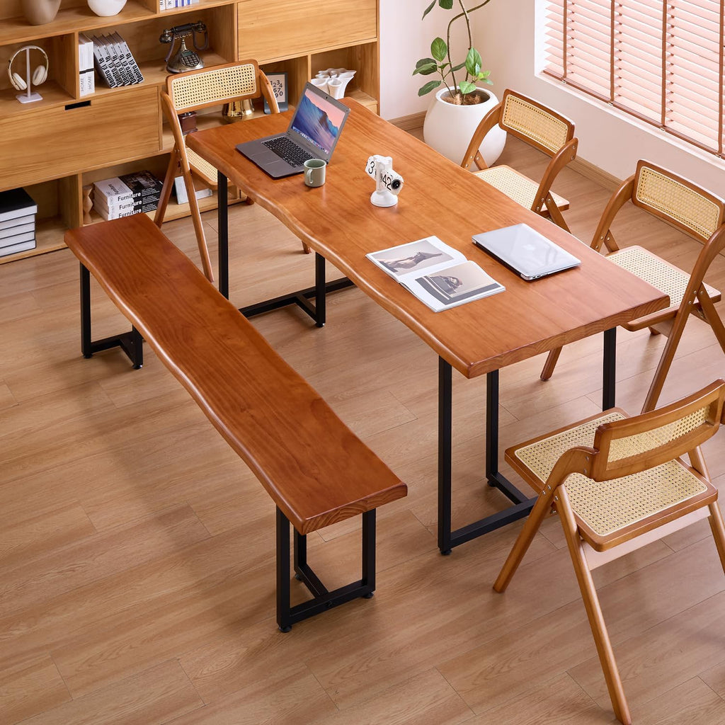 Durable Solid Wood Top Bench with Metal Triangular Legs – Stylish Long Dining Bench for Home, Office, Restaurant & Patio (Wooden Brown Bench, 55.12in)