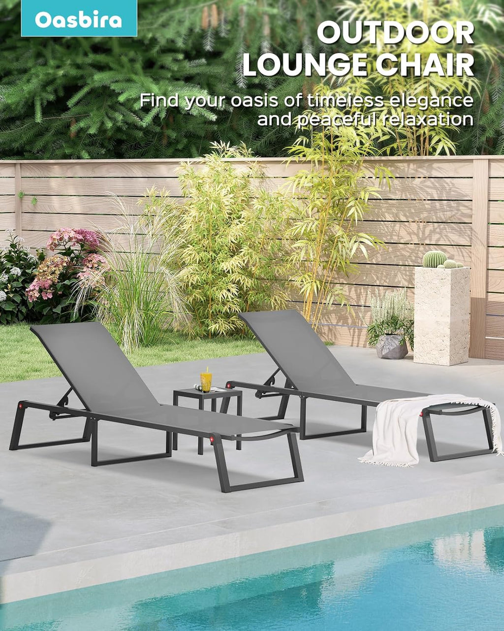 Aluminum Chaise Lounge Chair Outdoor, Foldable & No Assembly Pool Lounge Chairs 5-Position Recliner for Outside Poolside, Fully Grounded Legs Patio Sun Lounger for Pool, Beach, Yard, Dark Grey
