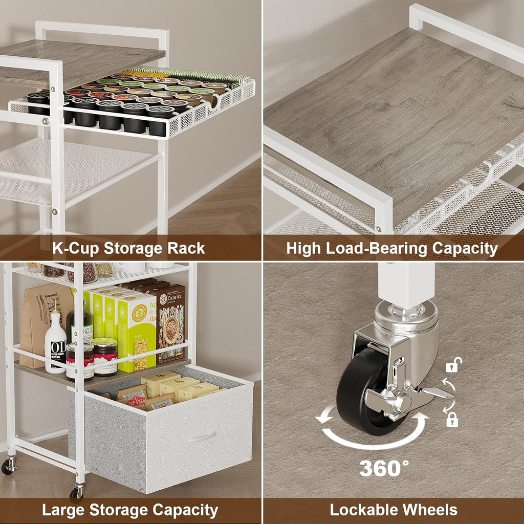 Coffee Bar Cabinet with Storage，5 Tier Coffee Station Table on Wheels, 33.6" H Cart with Drawer for Home Kitchen, Liquor Buffet Sideboard Cabinet (Modern White)