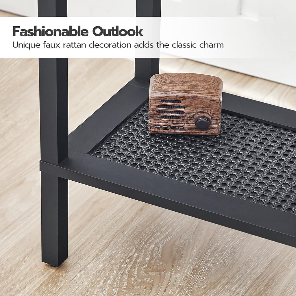 HOOBRO End Tables Set of 2, Small Side Tables with 2-Tier Storage Shelves, Nightstands with Faux Rattan Decoration, for Small Space, Living Room, Bedroom, Rustic Brown and Black BF91BZP201