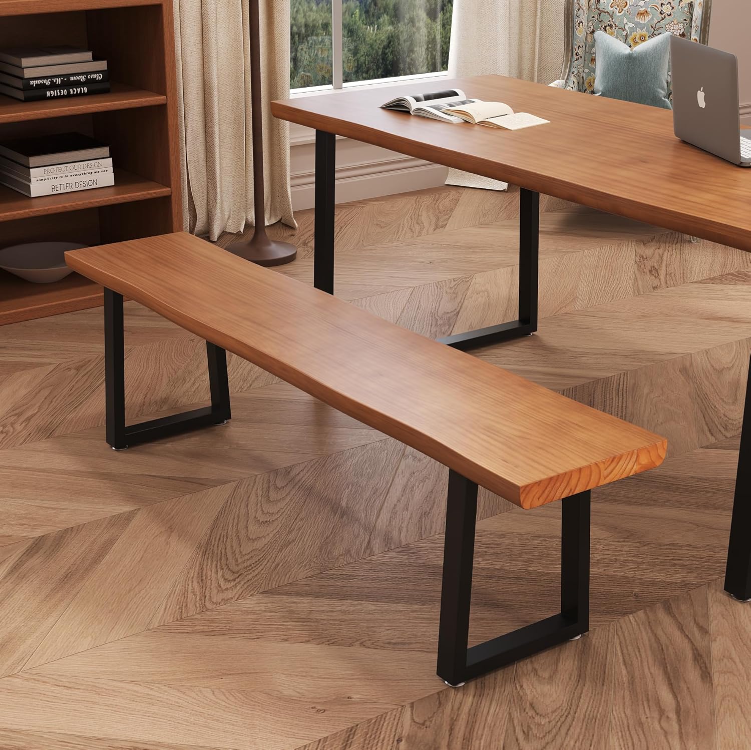 Solid Wood Top Bench with Metal Legs Durable Long Bench for Home Office Living Room Dining Room Versatile Multi Size Options Perfect Chair Stool Dining Bench Dining Chair (Light brown bench, 62.99in)