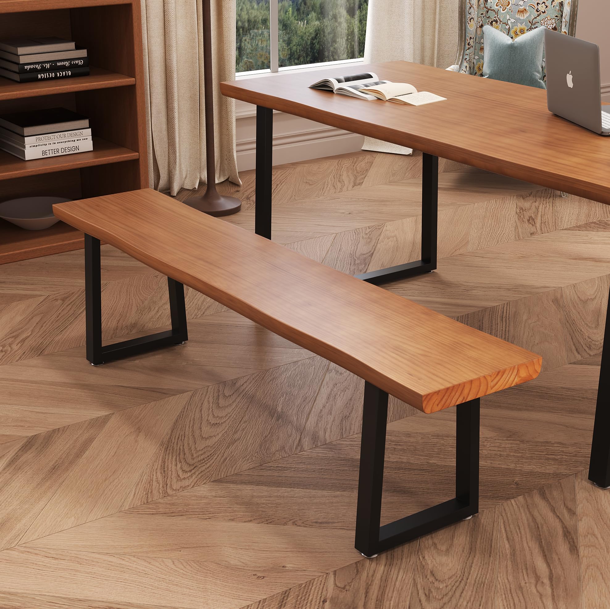 Solid Wood Top Bench with Metal Legs Durable Long Bench for Home Office Living Room Dining Room Versatile Multi Size Options Perfect Chair Stool Dining Bench Dining Chair (Light brown bench, 62.99in)