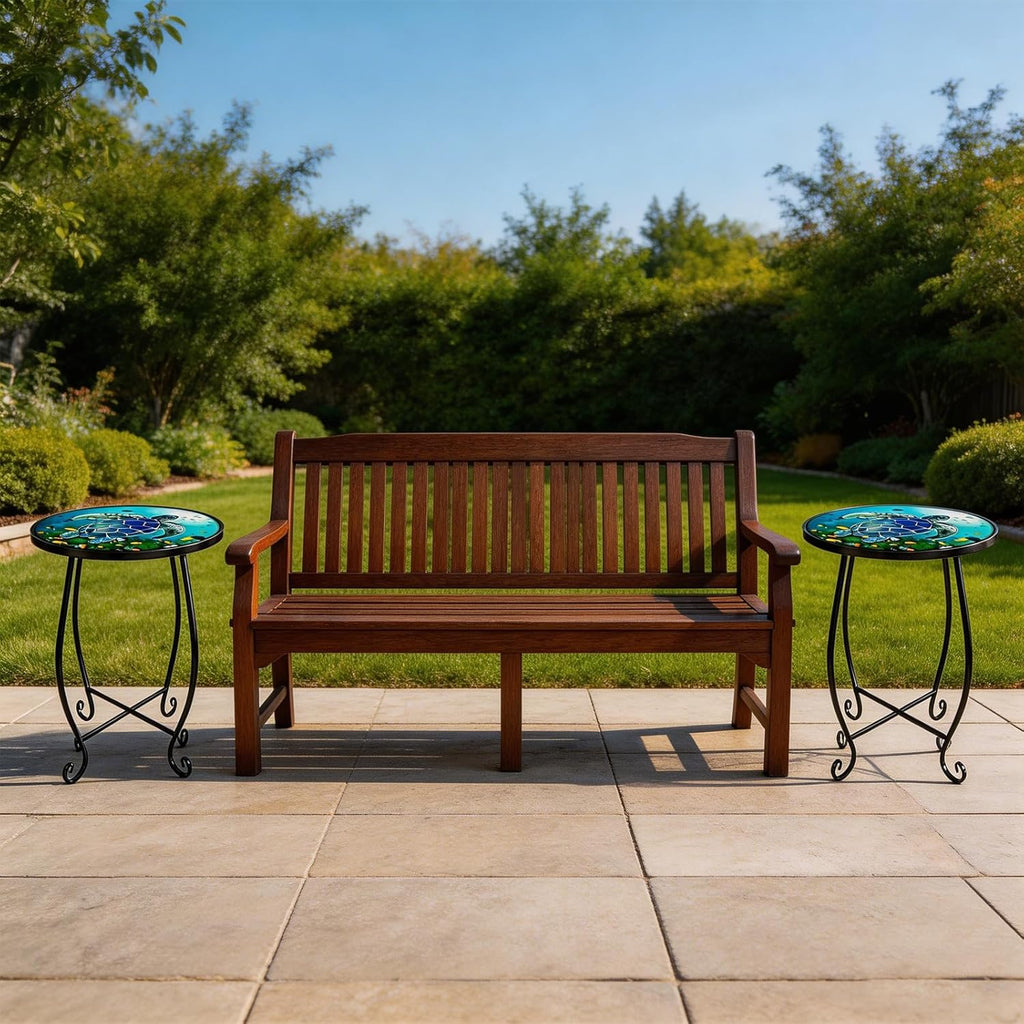 2-Pack 15 Inch Tall Mosaic Patio Side Tables Style, Metal Folding Turtle Table Set, Shatterproof Outdoor Patio Table for Porch Deck, Rust Resistant Small Garden Table (Set of 2)