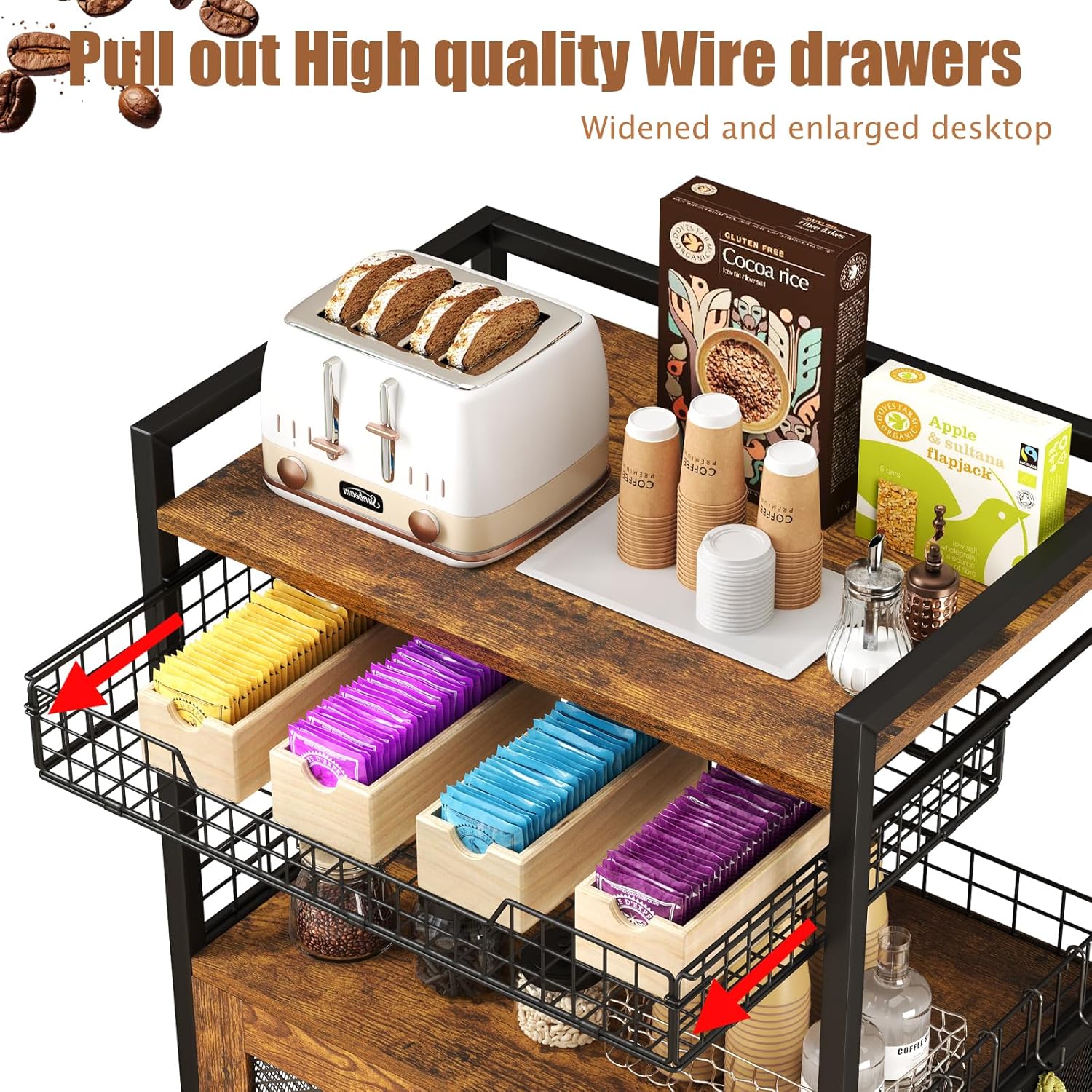 Coffee Bar Cabinet, 3 Tier Coffee Station Table on Wheels, 35.9" H Bar Cart with Wire Basket Drawer & 5 Hooks for Home Kitchen, Liquor Buffet Sideboard Cabinet (Rustic Brown)