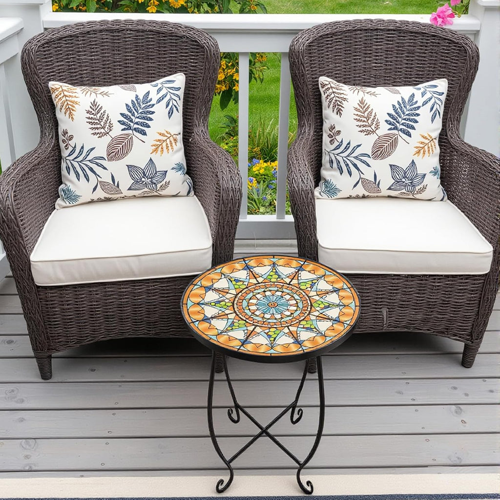 Set of 2 Mosaic Outdoor Side Tables Round, 15 Inch Height - Small Patio Table Set, Foldable Sun Pattern Metal Plant Stands for Garden, Balcony & Yard (Mosaic Sun, 2 Pack)