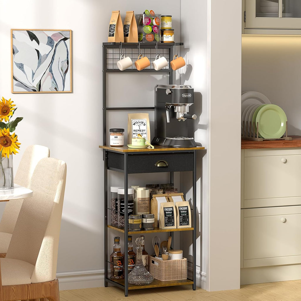 5 Tier Coffee Bar Station with Drawer, Kitchen Stand with 4 S-Shaped Hooks, Farmhouse Corner Coffee Bar Cabinet for Small Spaces, Bakers Rack for Kitchen, Living Room, 13.43" D x 18.93" W x 53.31" H