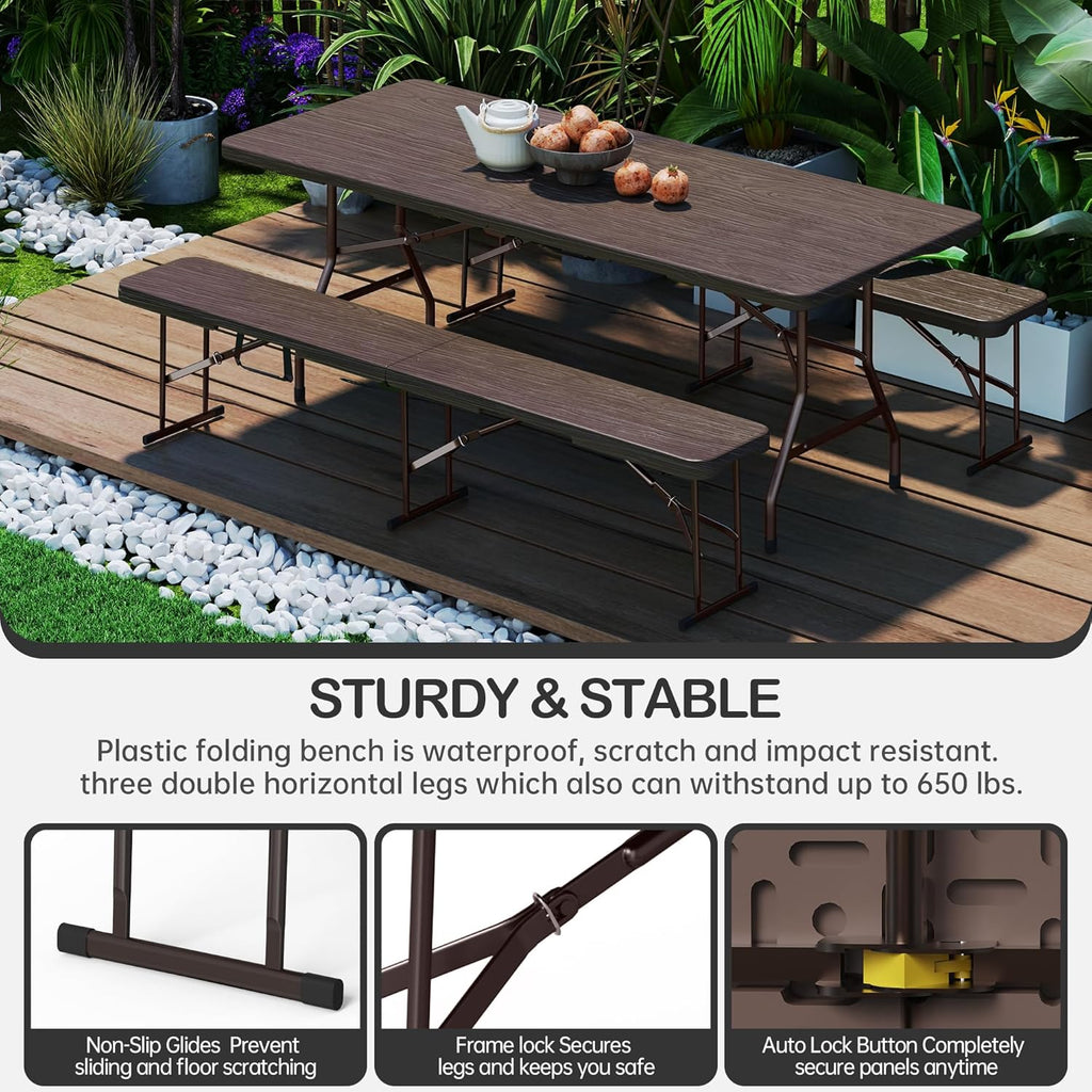 6 Foot Folding Bench, Portable Plastic Folding Bench Seat, Foldable Seat for Indoor Outdoor Picnic Camping Dining, Soccer Garden Multipurpose Entertaining Activities, Brown, 1 Pack