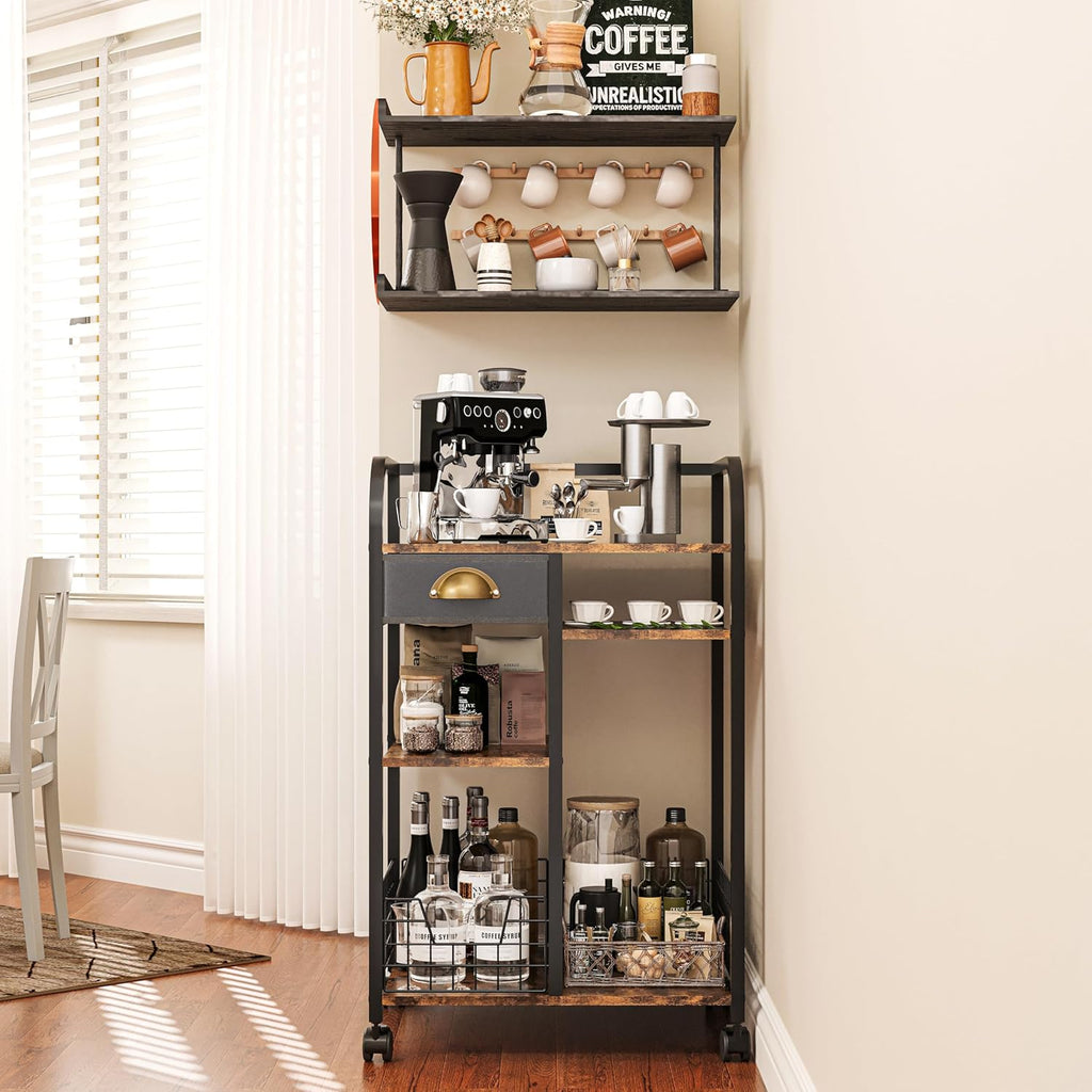 keomaisyto Coffee Cart with Storage Drawer, Coffee Bar Cabinet with Wheels, 4-Tier Adjustable Mobile Coffee Table, Rustic Wood Coffee Bar Station for Kitchen/Entrance/Living Room/Dining Room