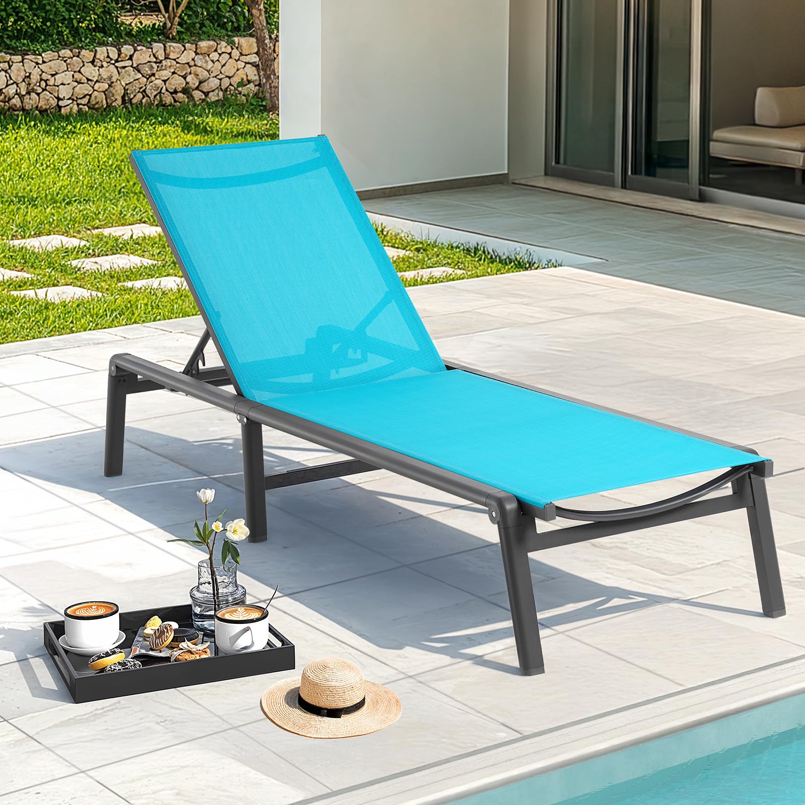 ONBRILL Aluminum Chaise Lounge Chair Outdoor, Foldable & Assembly Free Outdoor Lounge Chair with 5 Position Adjustable Backrest, Patio Pool Lounge Chairs for Outside Poolside Beach Lawn, 1PC, Khaki