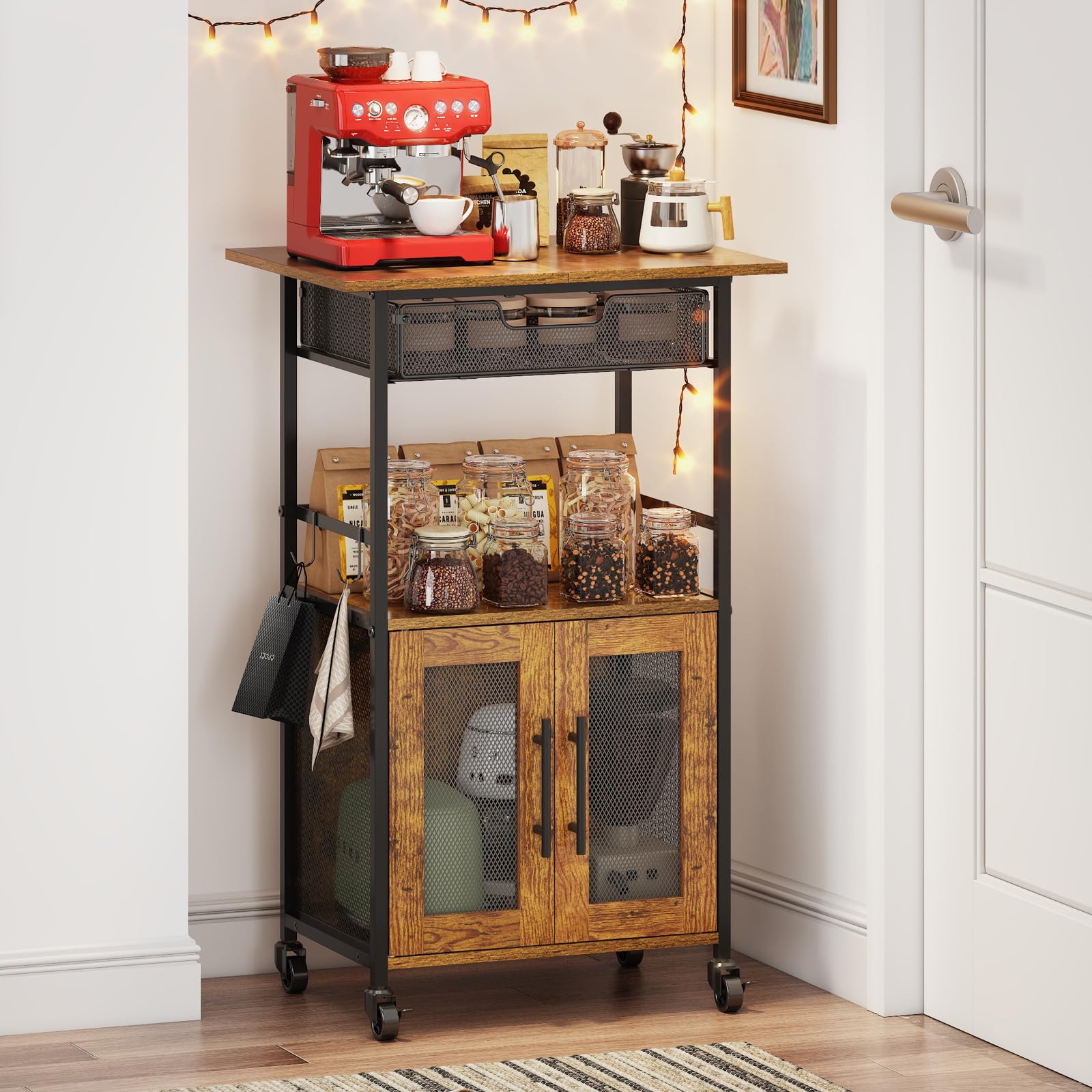 Coffee Bar Cabinet, 3 Tier Coffee Station Table on Wheels, 35.9" H Bar Cart with Wire Basket Drawer & 5 Hooks for Home Kitchen, Liquor Buffet Sideboard Cabinet (Rustic Brown)