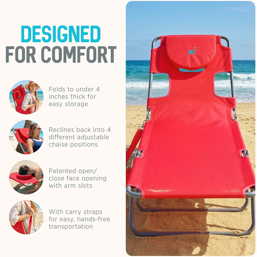 Ostrich the Original Chaise 72 x 22 Inch Lounge Portable Reclining Lounger, Outdoor Patio, Beach, Lawn, Camping, or Pool Tanning Chair, Red