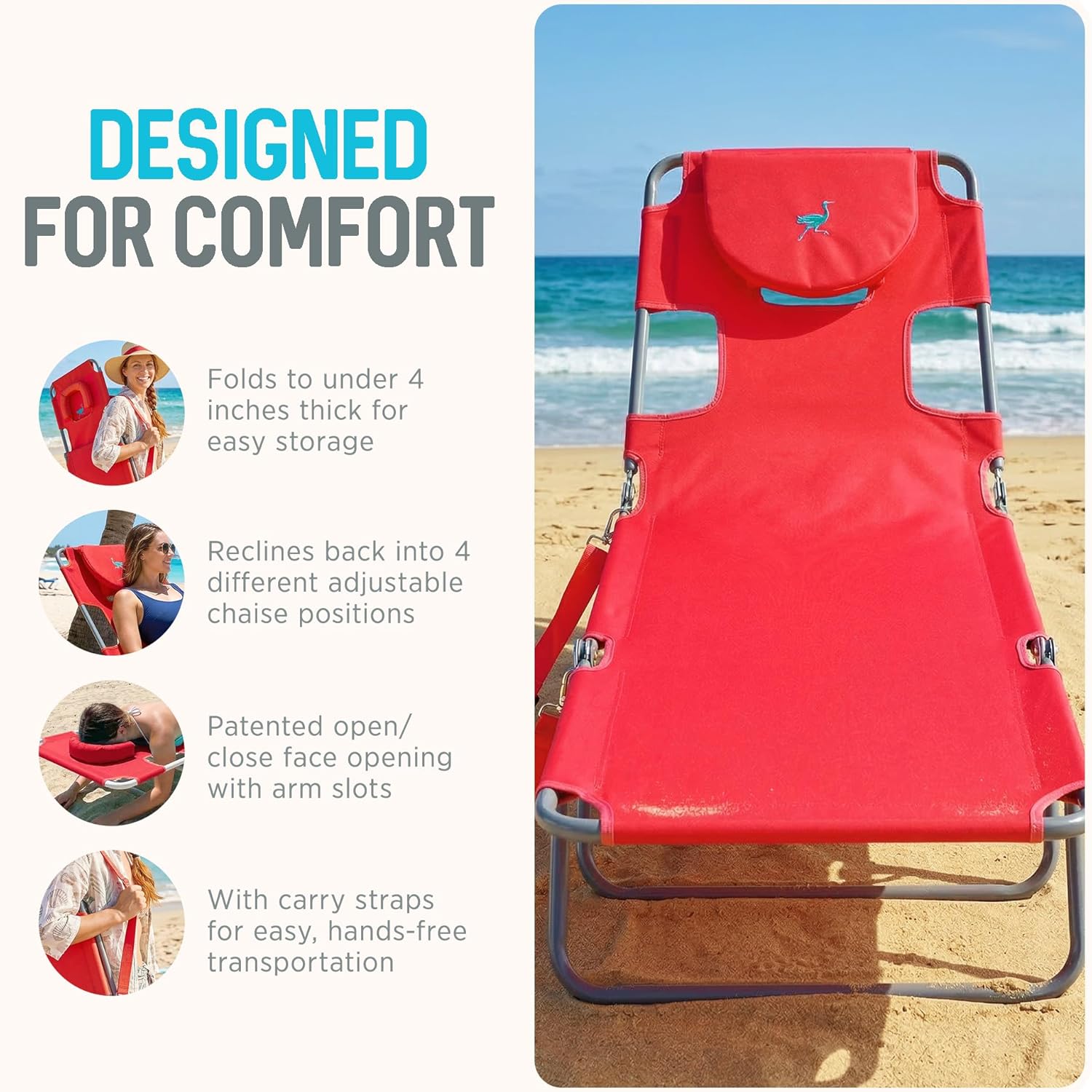 Ostrich the Original Chaise 72 x 22 Inch Lounge Portable Reclining Lounger, Outdoor Patio, Beach, Lawn, Camping, or Pool Tanning Chair, Red