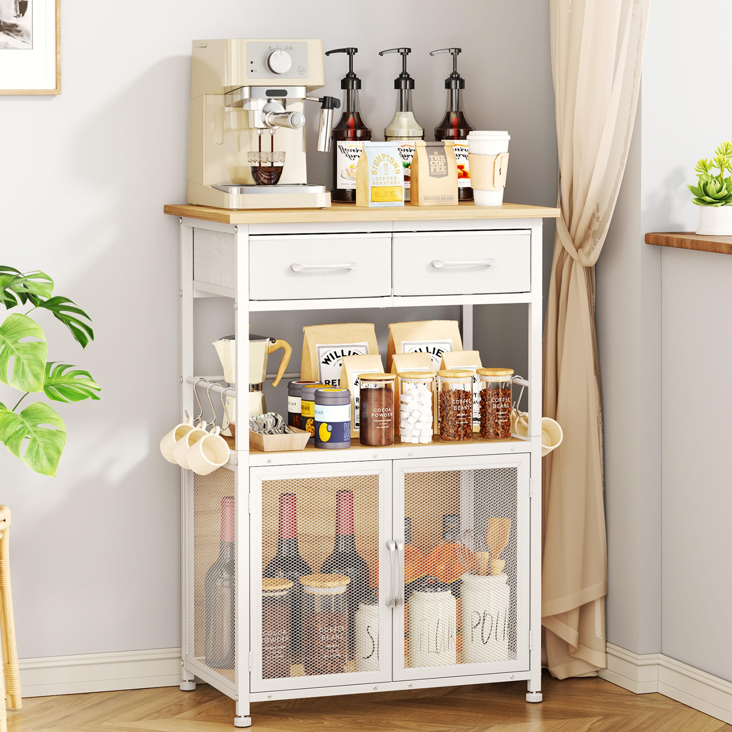 SWTYMIKI Coffee Bar Cabinet with Drawer - 20.47" Coffee Stand Station with Removable Hooks, Buffet Cabinet for Coffee Maker or Microwave, Kitchen Bar Table Storage Organizer, Espresso