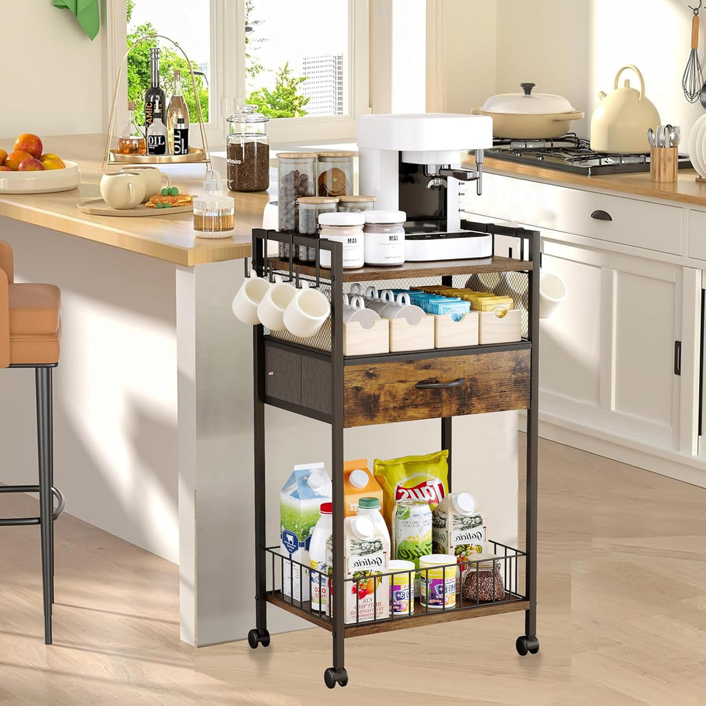 Small Coffee Bar Cart with Drawer Srorage, Office Coffee Bar Station Organizer Mug Cup Holder Stand, K Cup Holder Rack for Home Buffets & Sideboards for Kichen, Entryway, Living Room (Black)