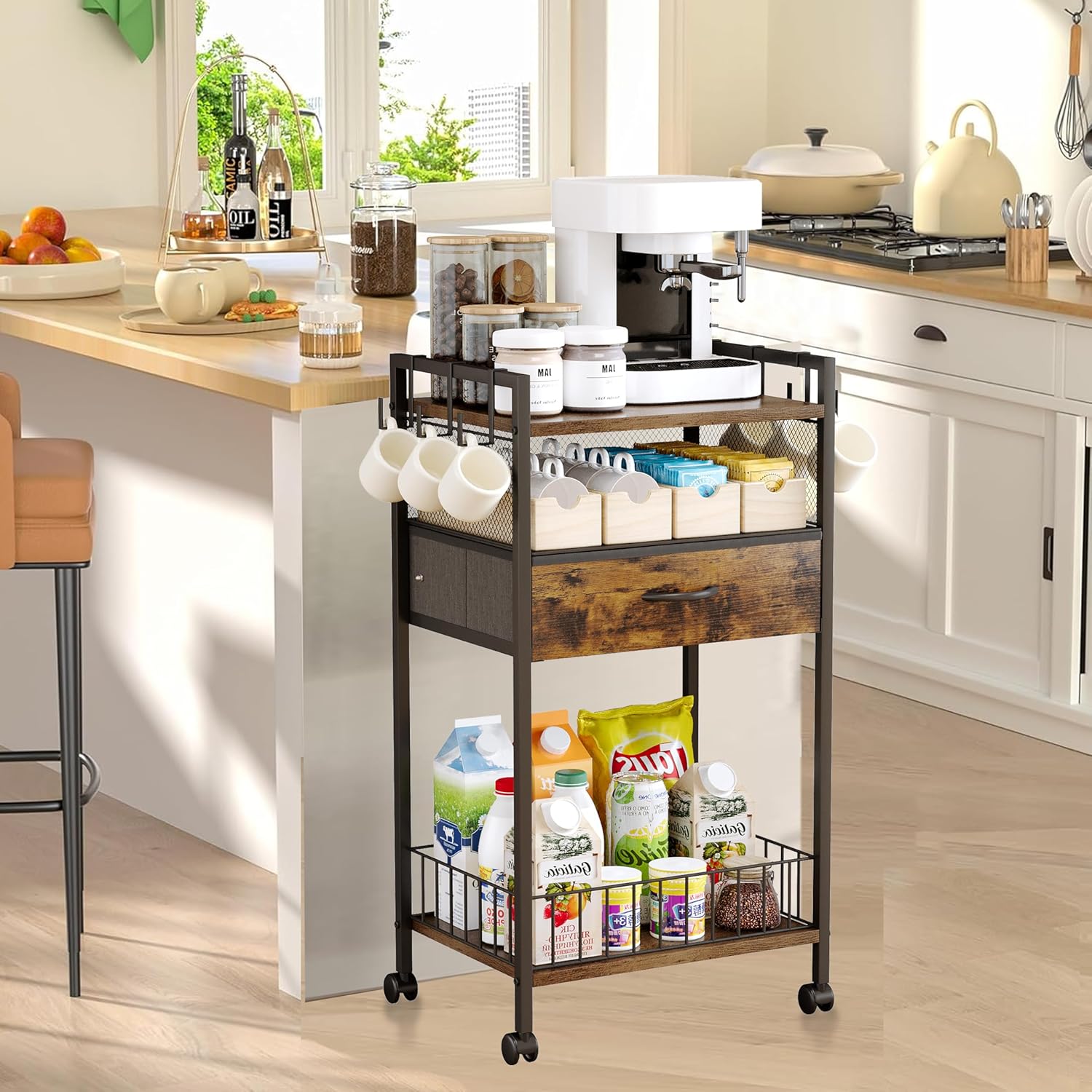 Small Coffee Bar Cart with Drawer Srorage, Office Coffee Bar Station Organizer Mug Cup Holder Stand, K Cup Holder Rack for Home Buffets & Sideboards for Kichen, Entryway, Living Room (Black)