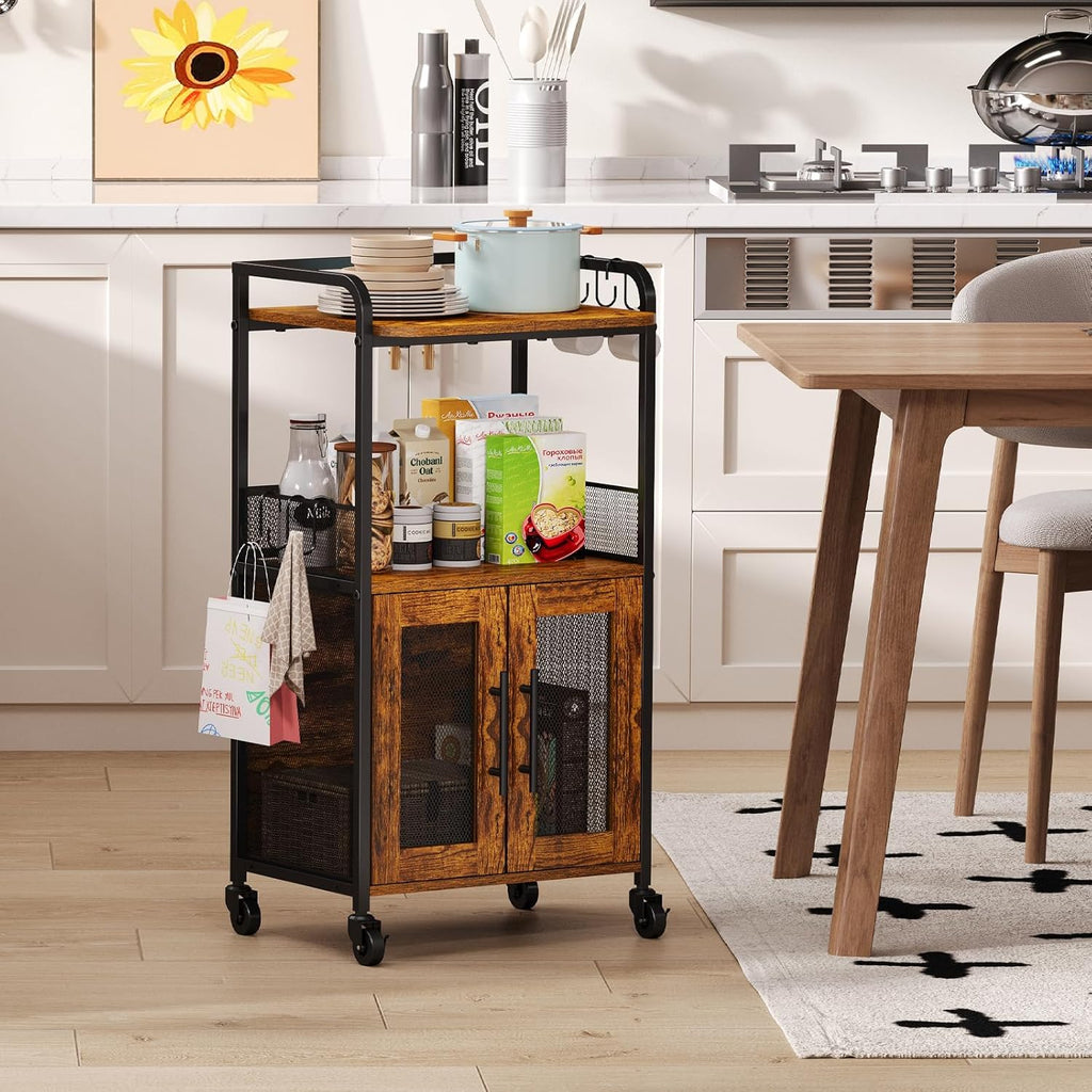 Small Coffee Bar Cabinet with Storage, 3-Tier Rolling Coffee Bar Table, Farmhouse Coffee Cart Station with 2 Doors for Living Room, Dining Room, Rustic Brown