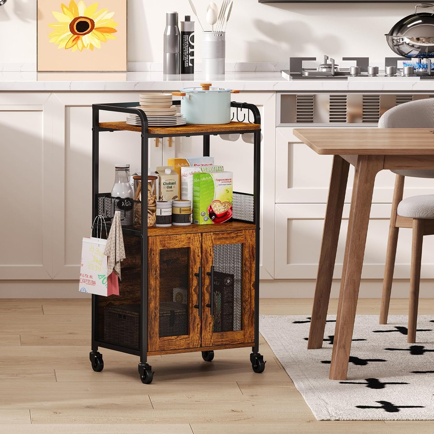 Small Coffee Bar Cabinet with Storage, 3-Tier Rolling Coffee Bar Table, Farmhouse Coffee Cart Station with 2 Doors for Living Room, Dining Room, Rustic Brown