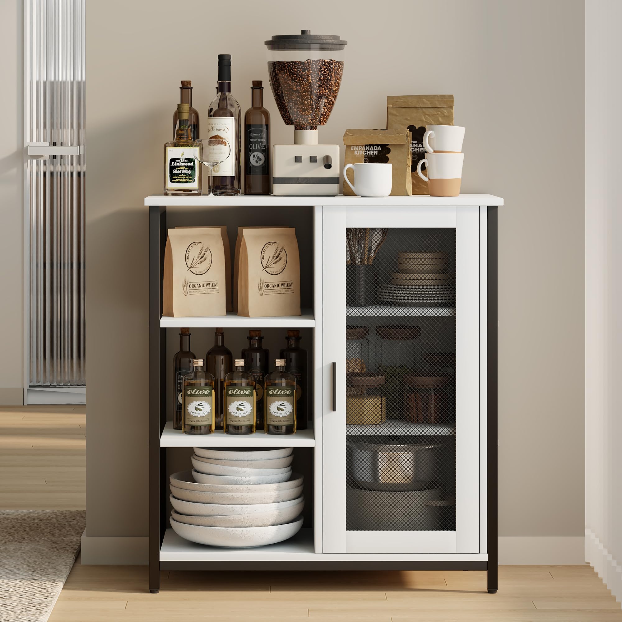 LVSOMT Mini Coffee Bar Cabinet with Storage, 27.5'' Small Kitchen Bar Table, Cute Corner Bar Cabinet for Tea, Buffet Sideboard Cabinet for Dining Room, Farmhouse Coffee Station for Wine (Pure White)