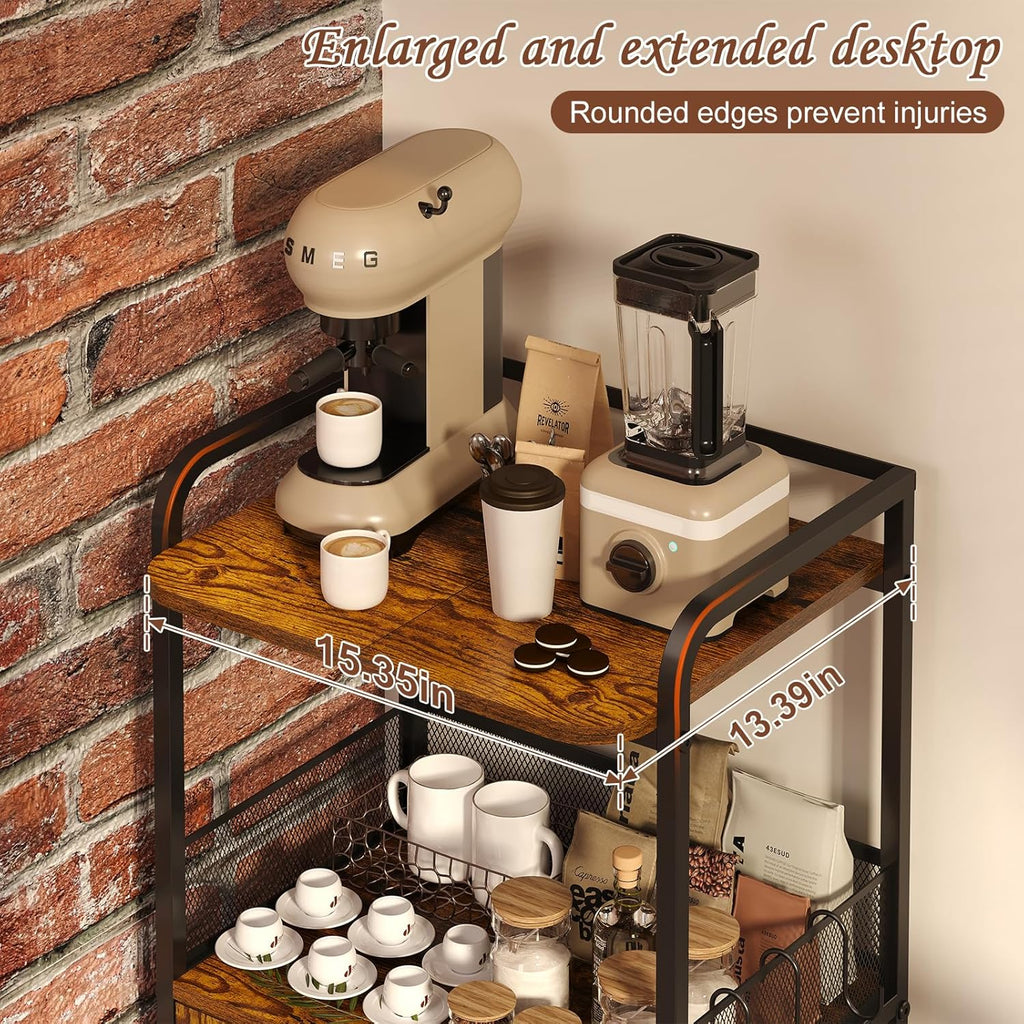Small Coffee Bar Cabinet with Storage, 3-Tier Rolling Coffee Bar Table, Farmhouse Coffee Cart Station with 2 Doors for Living Room, Dining Room, Rustic Brown