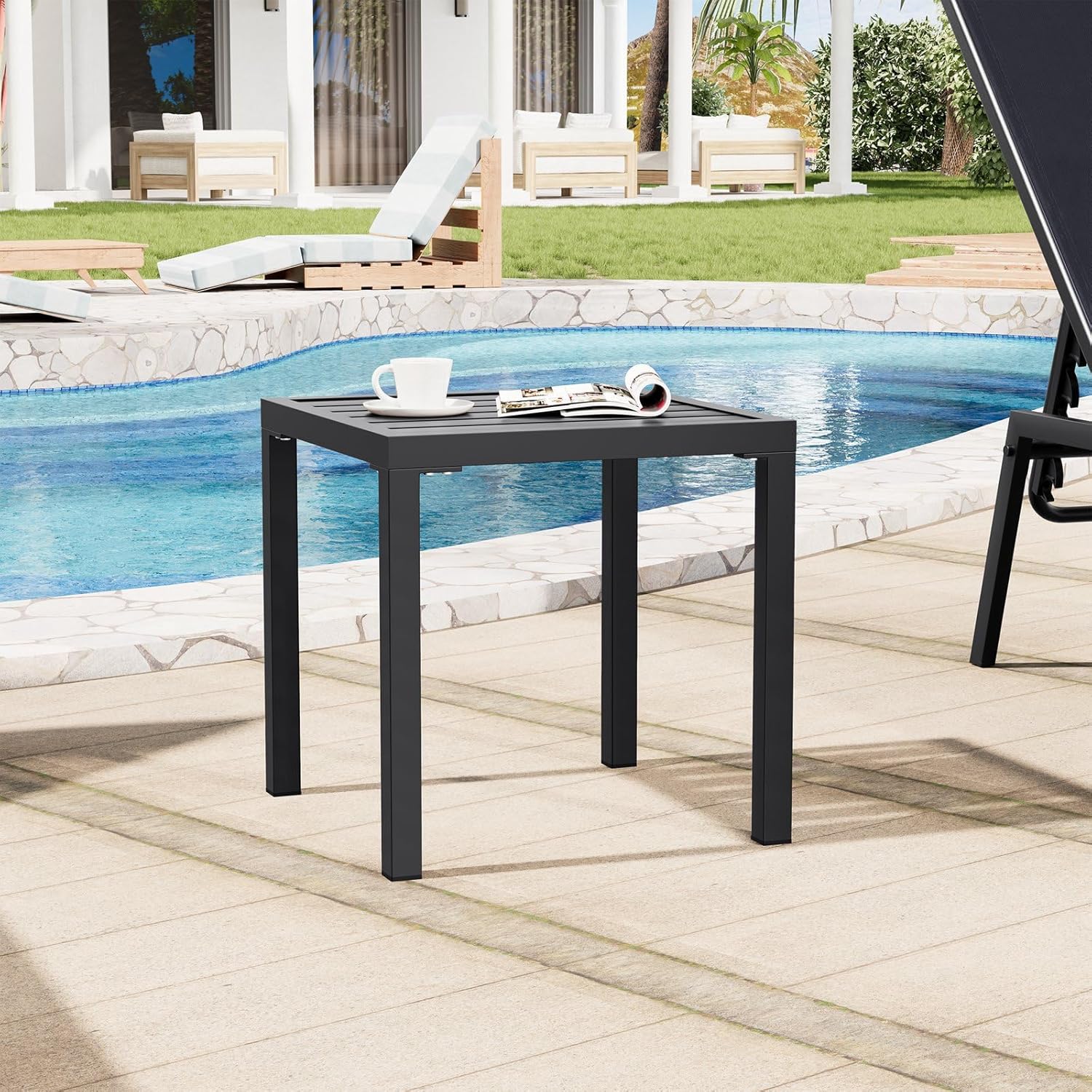Crestlive Products Outdoor Side Table Set of 2,Black Small Square Metal End Table Weather Resistant Balcony Table for Pool Patio