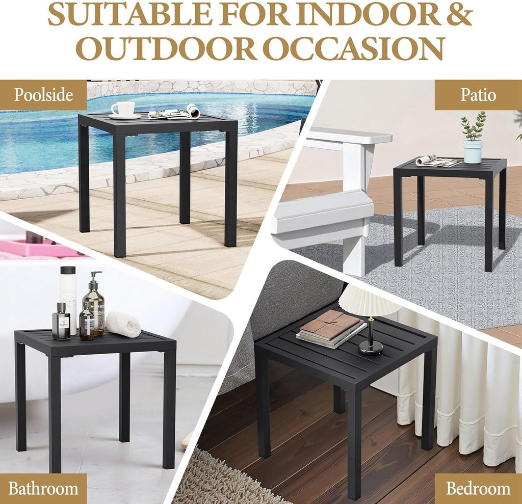 Crestlive Products Outdoor Side Table Set of 2,Black Small Square Metal End Table Weather Resistant Balcony Table for Pool Patio
