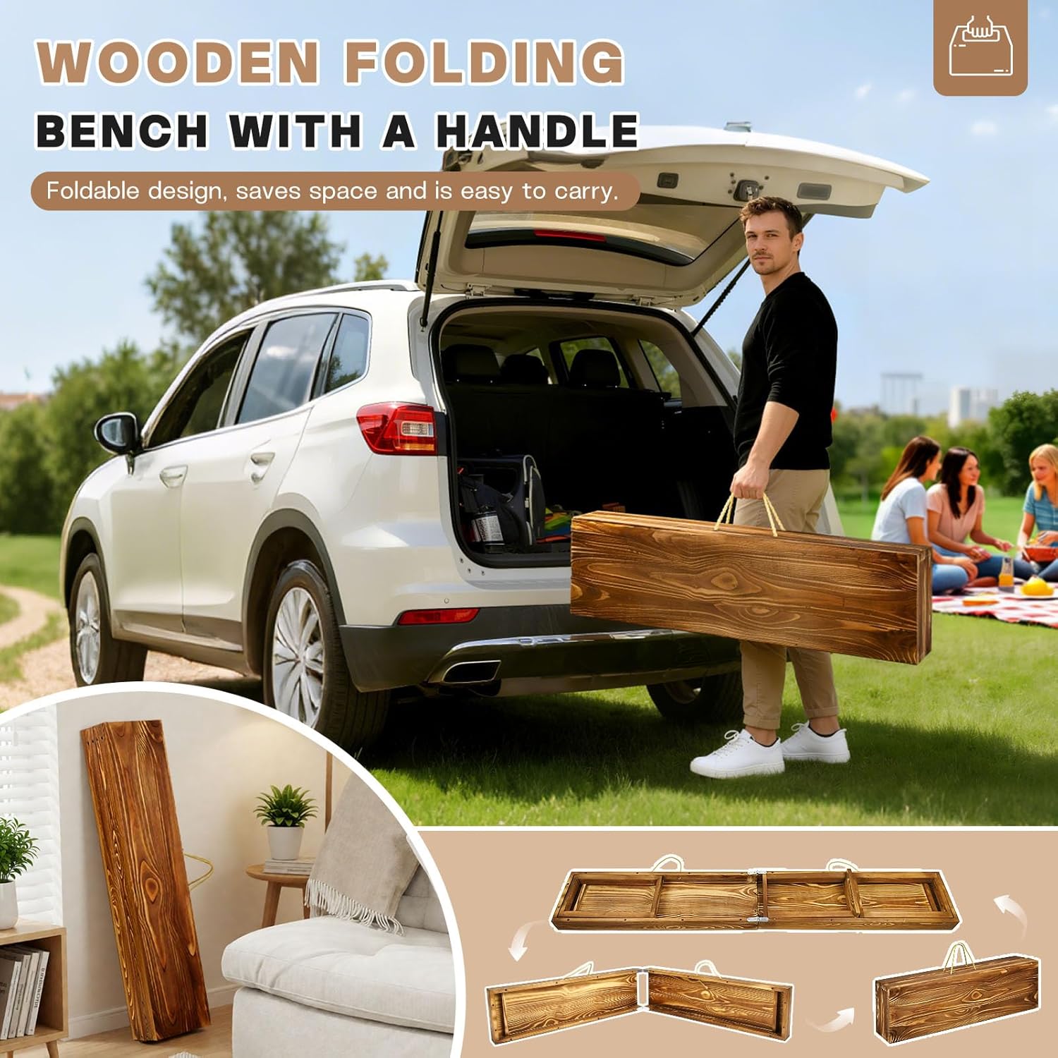 71" Outdoor Solid Wood Folding Bench,Portable Garden Long Narrow Foldable Bench,6Ft Indoor Outdoor Backless Wooden Noodle Benches for Picnic Party Camping Dining Seat,Bears 900 pounds Natural