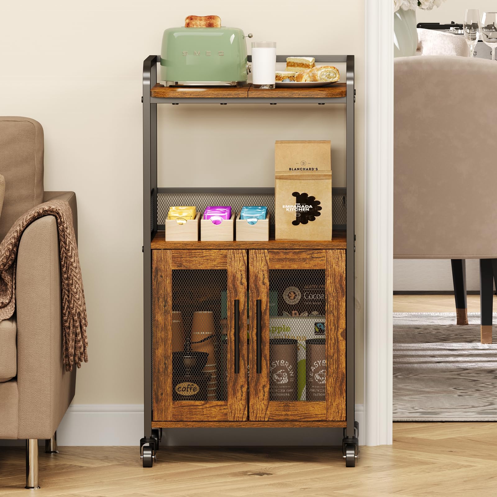 Coffee Bar Cabinet, 3 Tier Coffee Station Table on Wheels, 35.9" H Bar Cart with Wire Basket Drawer & 5 Hooks for Home Kitchen, Liquor Buffet Sideboard Cabinet (Rustic Brown)