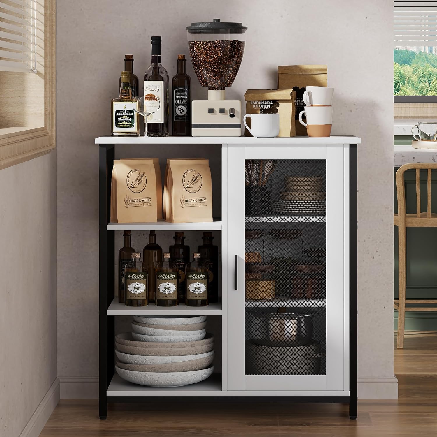 LVSOMT Mini Coffee Bar Cabinet with Storage, 27.5'' Small Kitchen Bar Table, Cute Corner Bar Cabinet for Tea, Buffet Sideboard Cabinet for Dining Room, Farmhouse Coffee Station for Wine (Pure White)