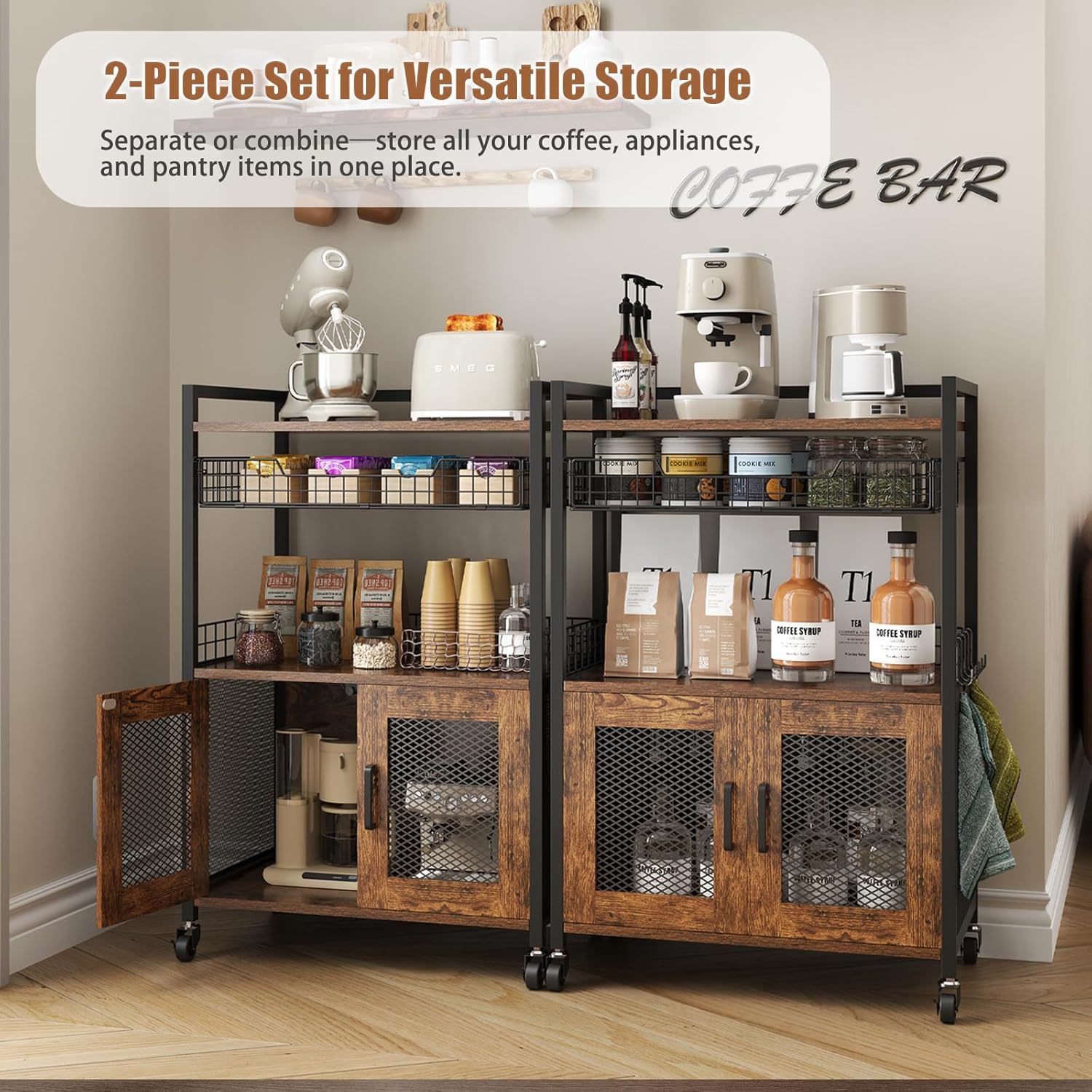 Coffee Bar Cabinet, 3 Tier Coffee Station Table on Wheels, 35.9" H Bar Cart with Wire Basket Drawer & 5 Hooks for Home Kitchen, Liquor Buffet Sideboard Cabinet (Rustic Brown)