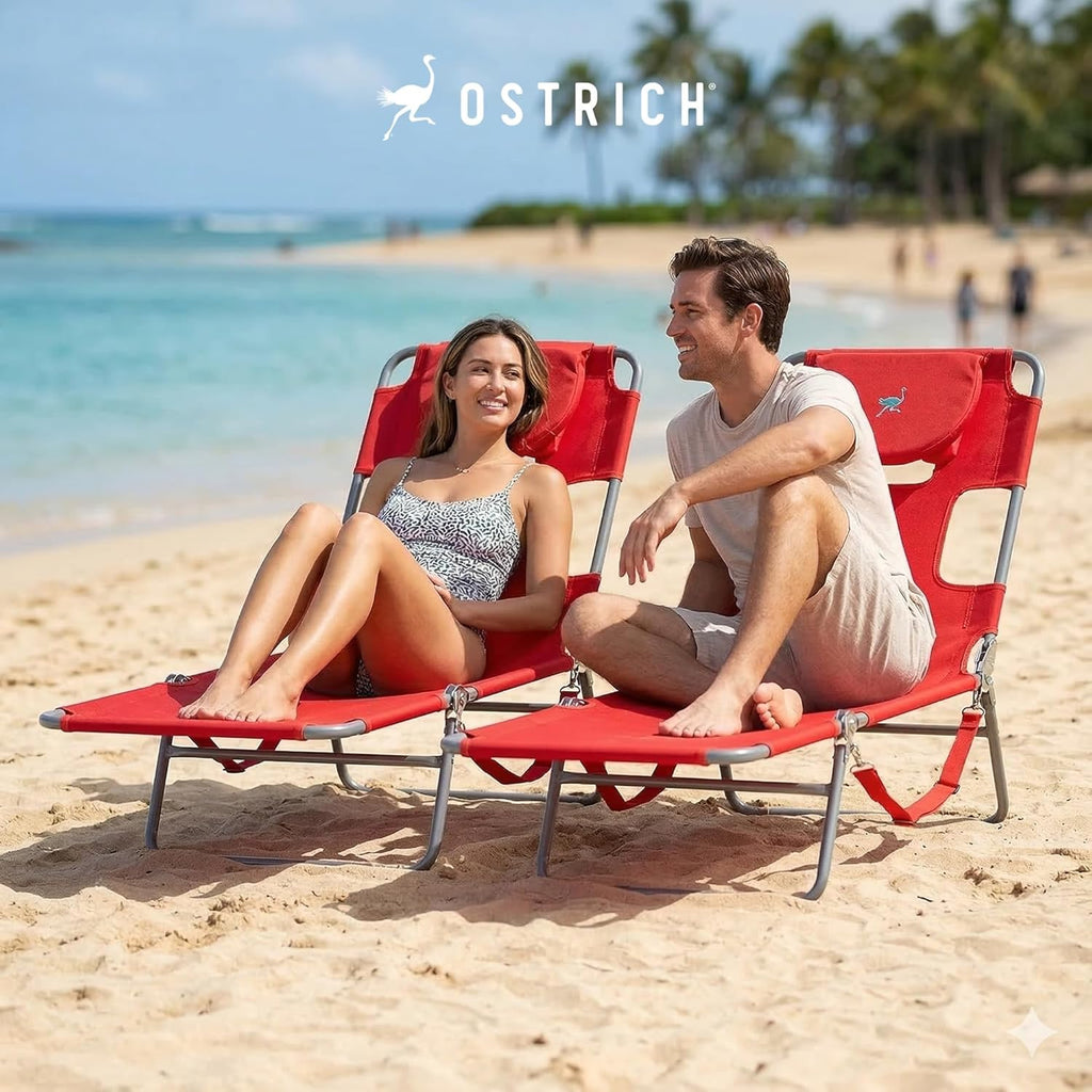 Ostrich the Original Chaise 72 x 22 Inch Lounge Portable Reclining Lounger, Outdoor Patio, Beach, Lawn, Camping, or Pool Tanning Chair, Red